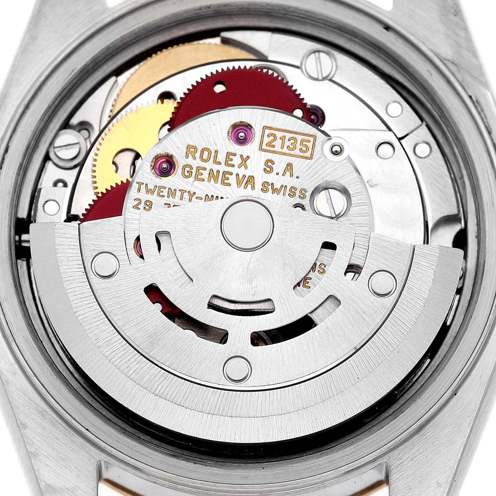 The image shows the internal mechanics of a Rolex Datejust 69173 Women's Steel and Gold (two tone) Black Dial 69173 Women's Steel and Gold (two tone) Black Dial watch, highlighting the movement components.