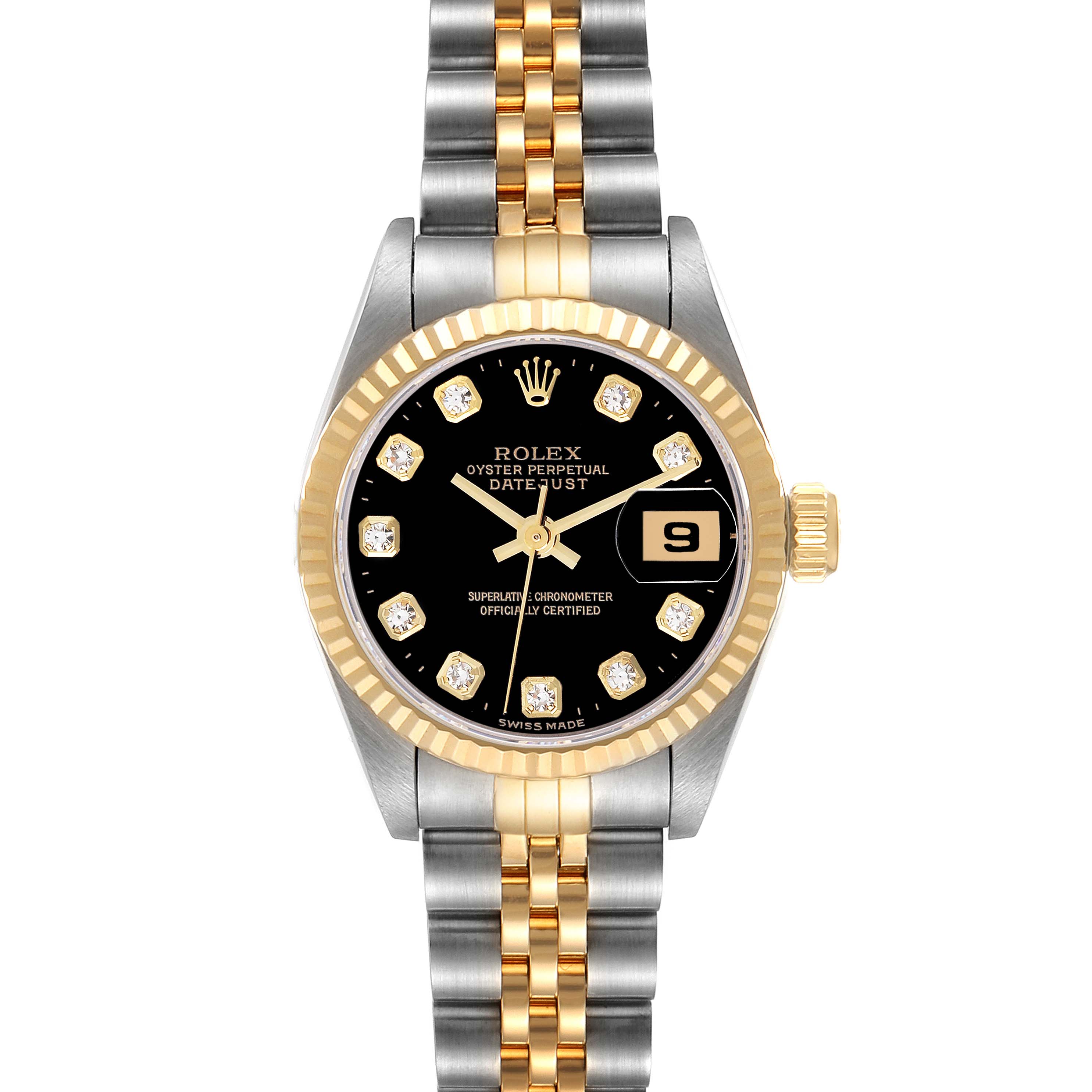 The Rolex Datejust 69173 Women's Steel and Gold (two tone) Black Dial 69173 Women's Steel and Gold (two tone) Black Dial watch is shown from a front angle, featuring the face, bracelet, and date magnifier.