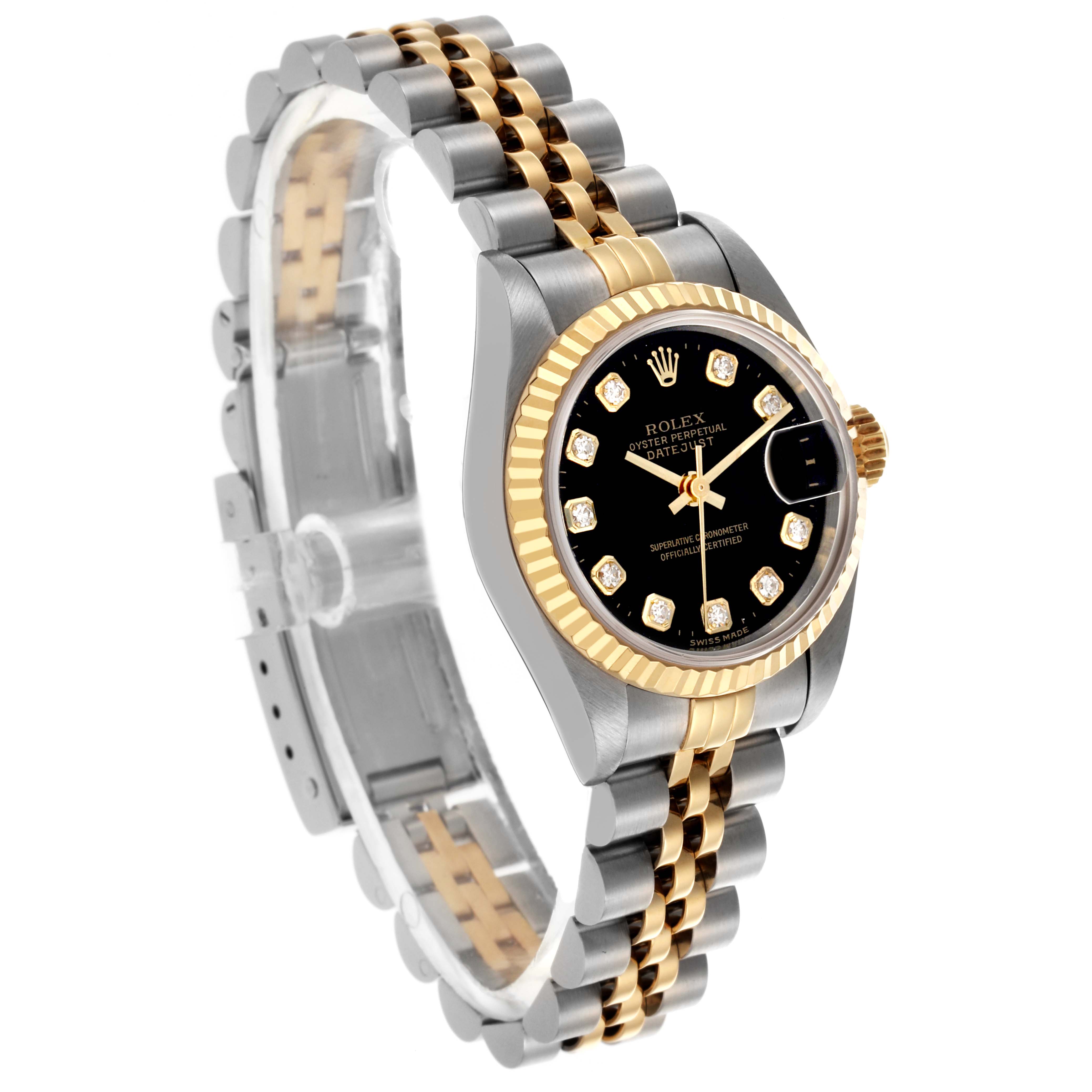 The Rolex Datejust 69173 Women's Steel and Gold (two tone) Black Dial 69173 Women's Steel and Gold (two tone) Black Dial watch is shown at an angled side view, displaying its dual-tone bracelet and bezel.
