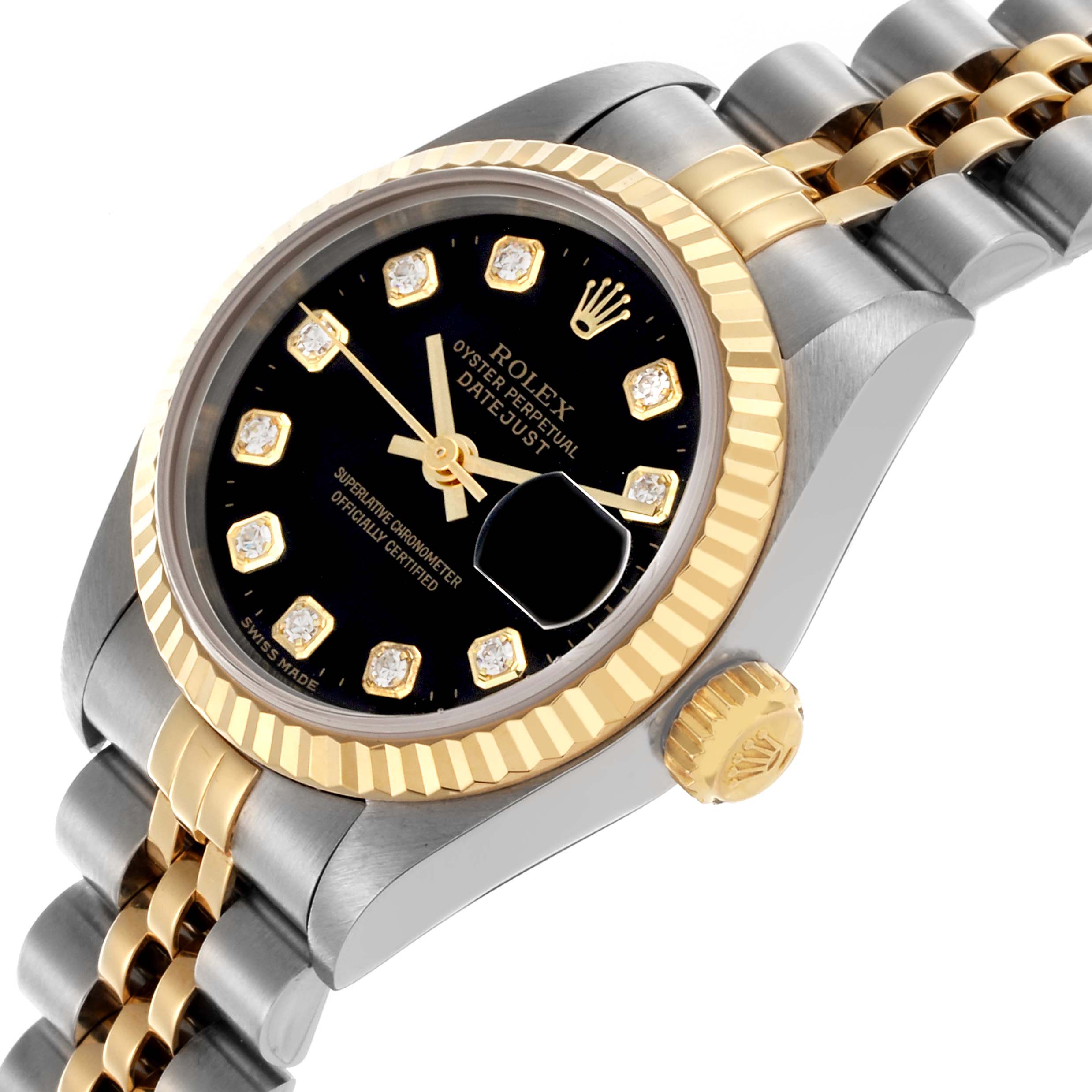 The Rolex Datejust 69173 Women's Steel and Gold (two tone) Black Dial 69173 Women's Steel and Gold (two tone) Black Dial is shown at an angle highlighting the gold fluted bezel, black dial, diamond markers, and two-tone bracelet.
