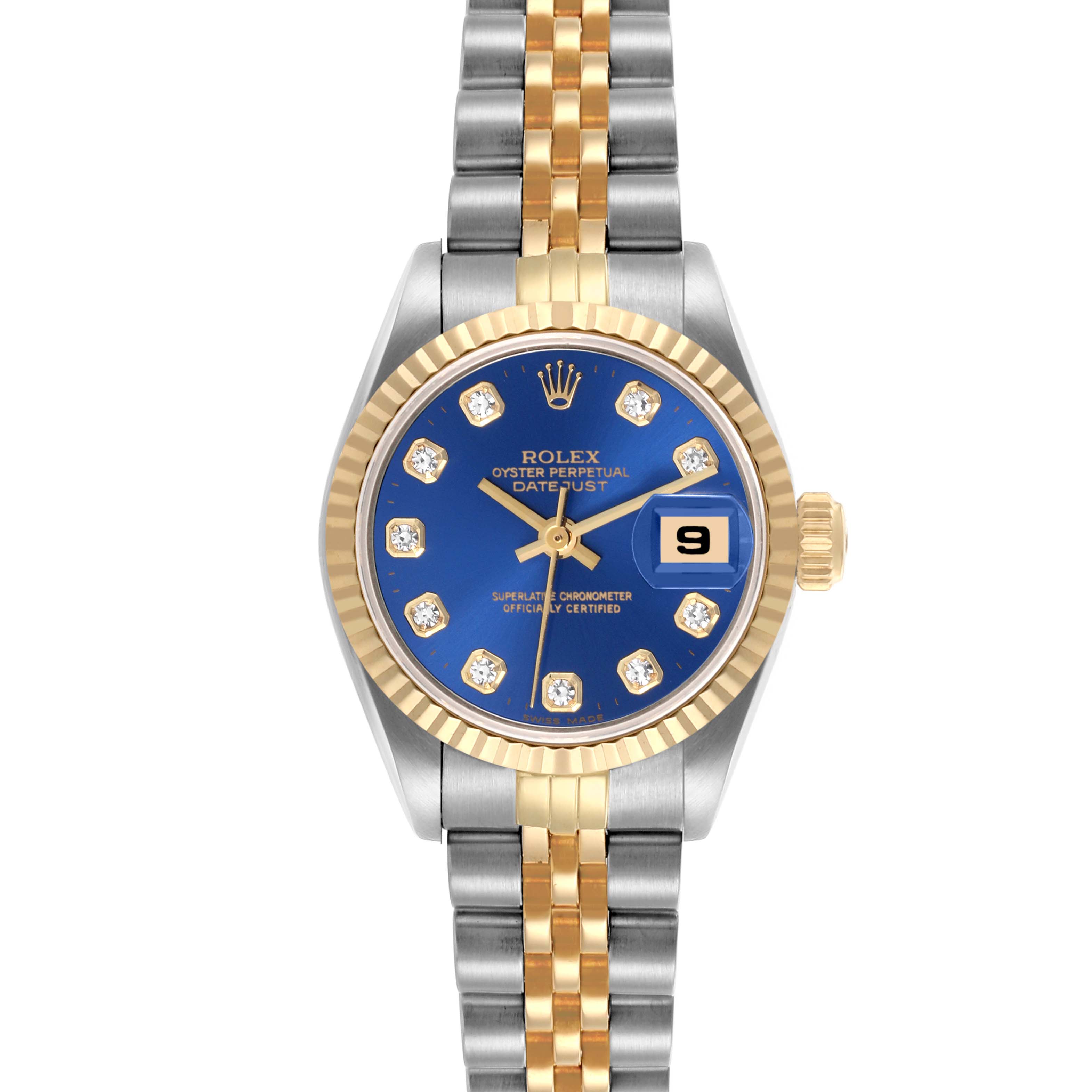 The Rolex Datejust 69173 Women's Steel and Gold (two tone) Blue Dial 69173 Women's Steel and Gold (two tone) Blue Dial watch is shown from a front angle featuring the dial, bezel, and bracelet.