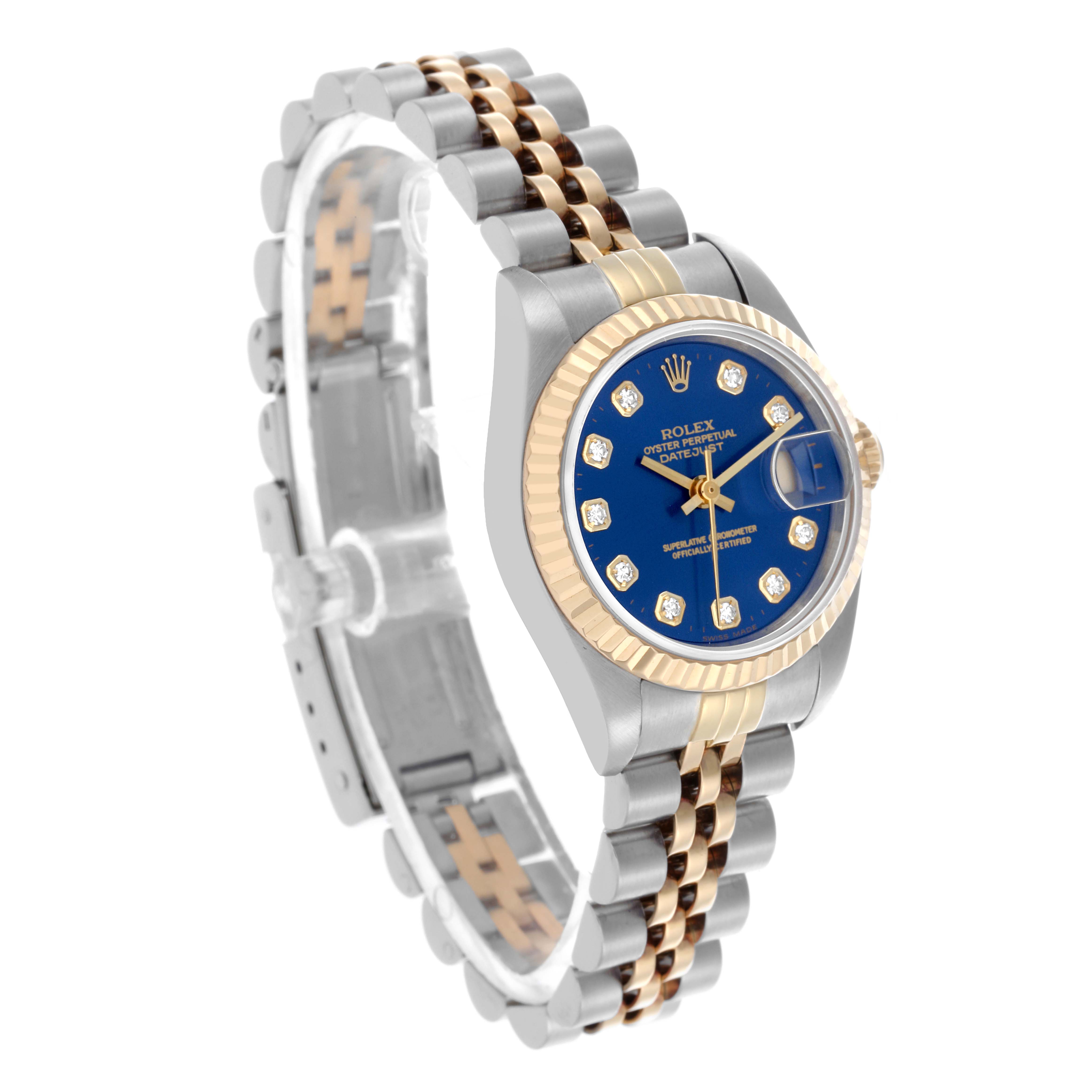 The Rolex Datejust 69173 Women's Steel and Gold (two tone) Blue Dial 69173 Women's Steel and Gold (two tone) Blue Dial watch is shown from a three-quarter angle, highlighting the dial, fluted bezel, and Jubilee bracelet.