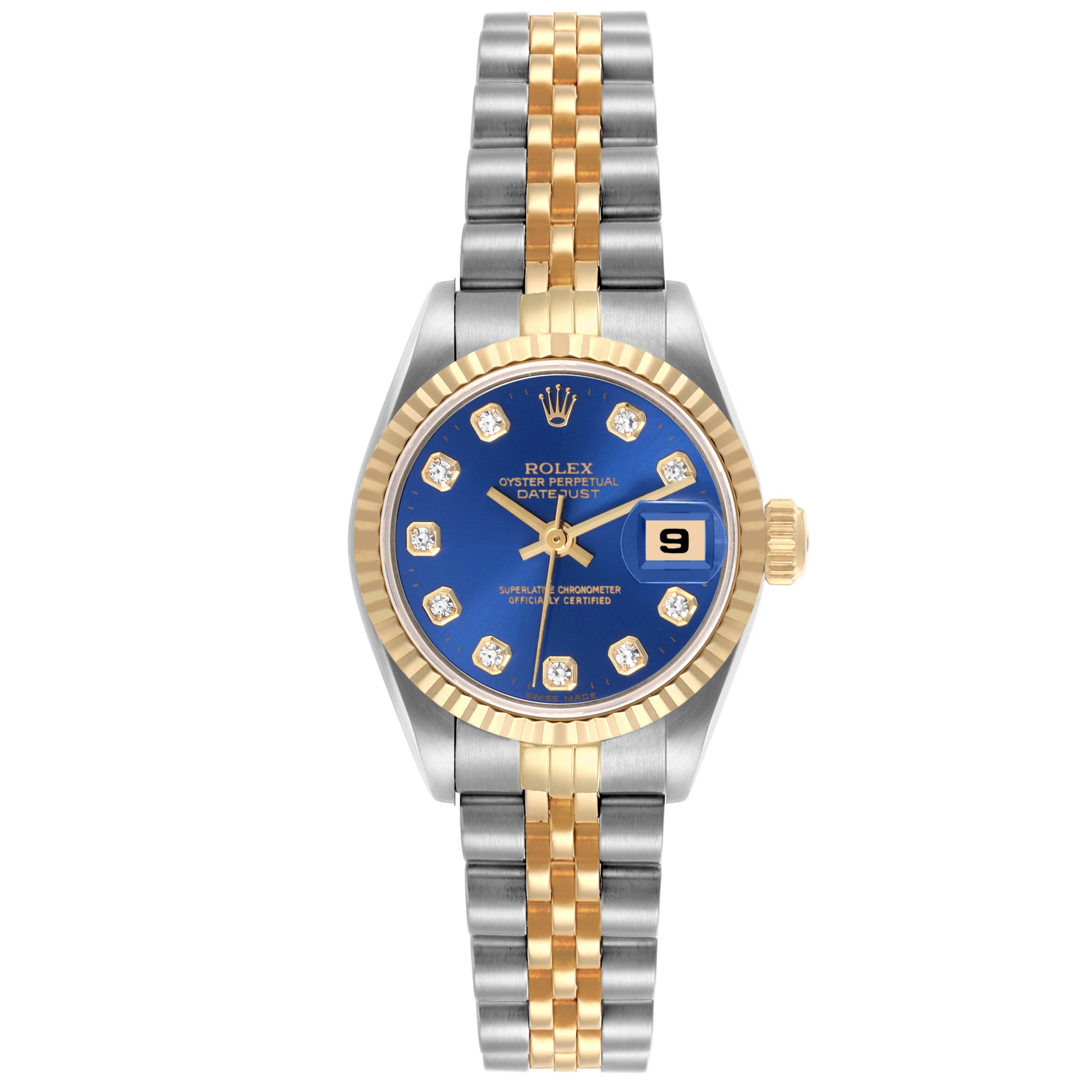 The Rolex Datejust 69173 Women's Steel and Gold (two tone) Blue Dial 69173 Women's Steel and Gold (two tone) Blue Dial watch is shown from a top angle, revealing its blue dial, two-tone bracelet, fluted bezel, and date display.