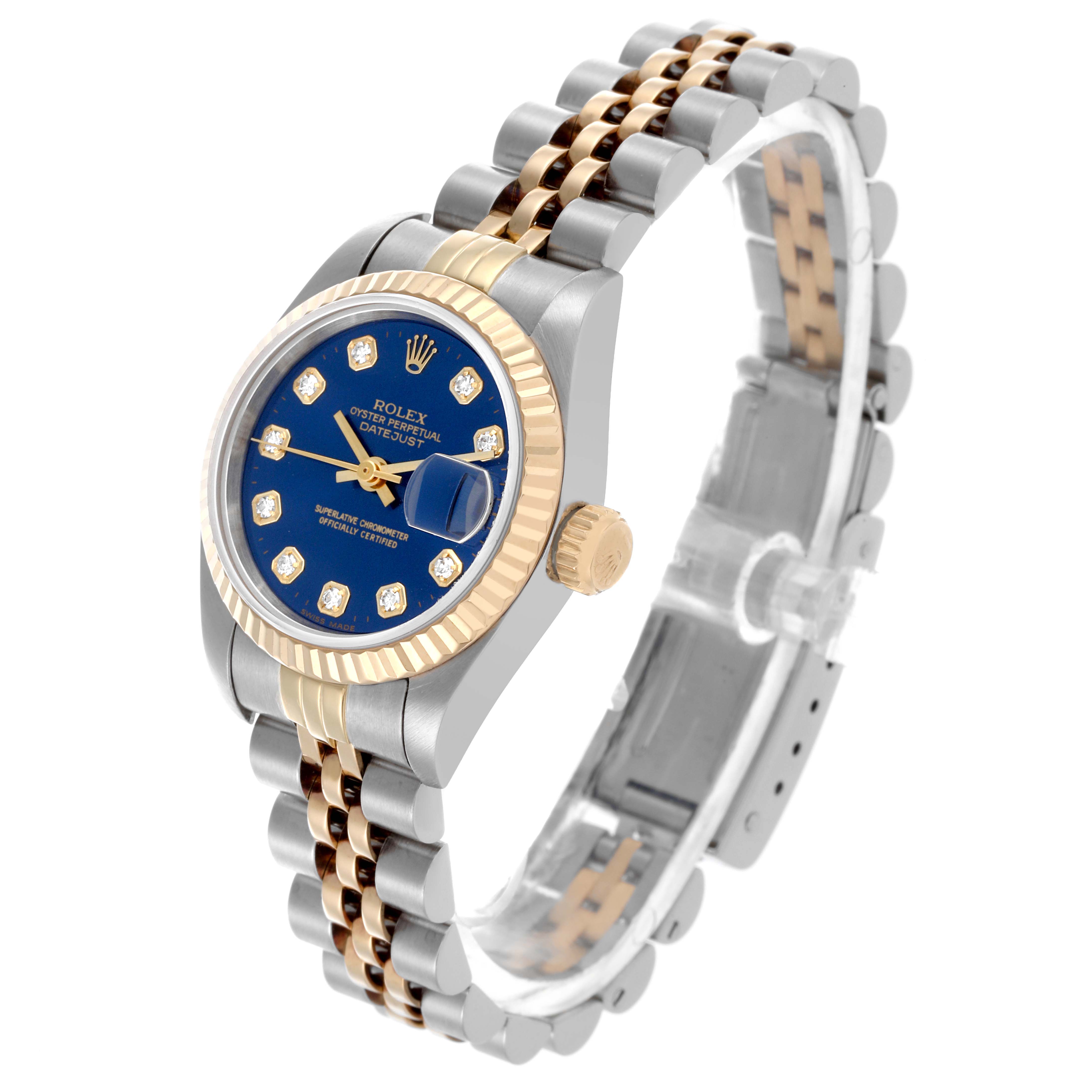 The Rolex Datejust 69173 Women's Steel and Gold (two tone) Blue Dial 69173 Women's Steel and Gold (two tone) Blue Dial watch is shown at an oblique angle, highlighting the face, bezel, crown, and two-tone bracelet.
