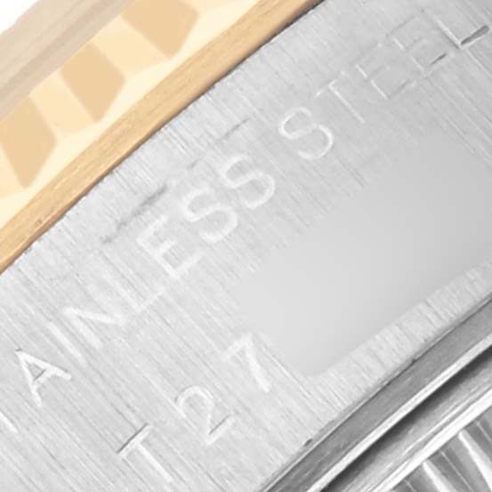 The image shows a close-up of the edge, bezel, and engraved text on the Rolex Datejust 69173 Women's Steel and Gold (two tone) Blue Dial 69173 Women's Steel and Gold (two tone) Blue Dial watch.