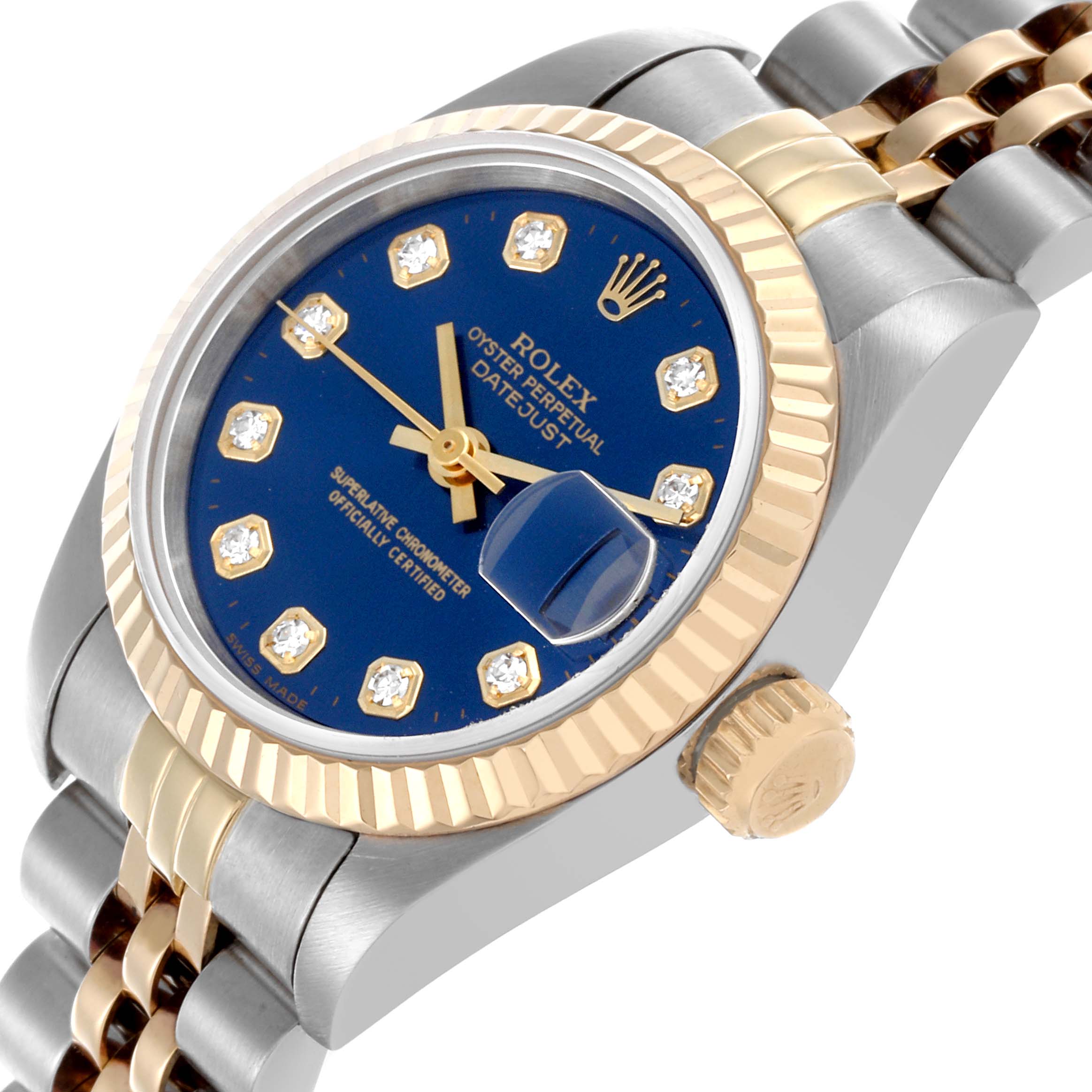 The Rolex Datejust 69173 Women's Steel and Gold (two tone) Blue Dial 69173 Women's Steel and Gold (two tone) Blue Dial is shown at an angled view, highlighting the blue dial, gold bezel, crown, and two-tone bracelet.