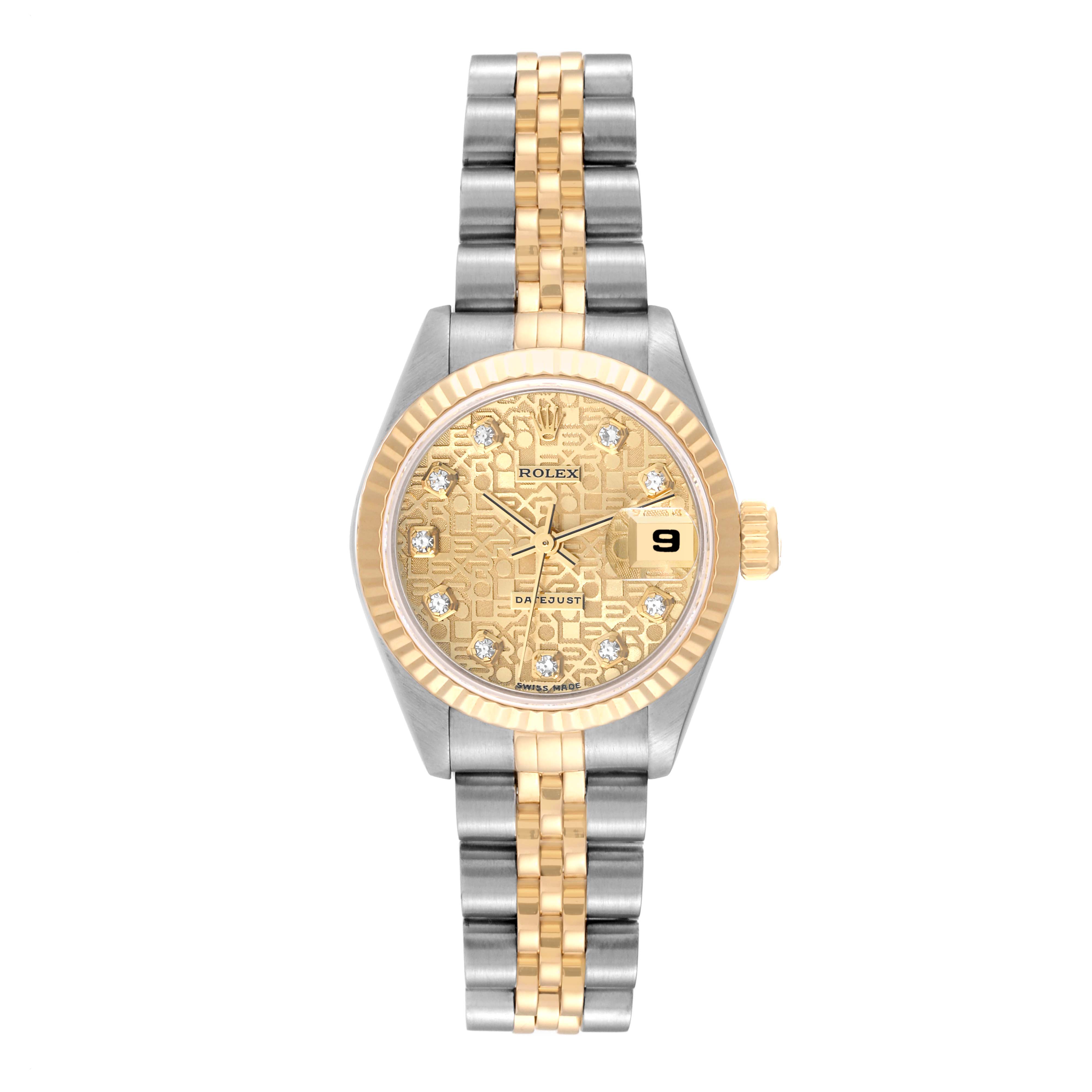 The image shows a front view of a Rolex Datejust 69173 Women's Steel and Gold (two tone) Champagne Dial 69173 Women's Steel and Gold (two tone) Champagne Dial watch, highlighting the dial, bezel, crown, and two-tone bracelet.