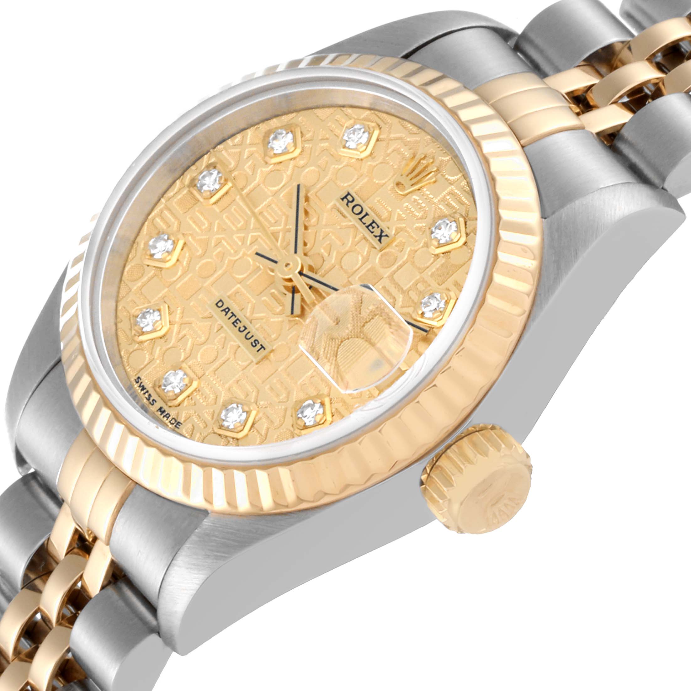 The image shows a side angle of a Rolex Datejust 69173 Women's Steel and Gold (two tone) Champagne Dial 69173 Women's Steel and Gold (two tone) Champagne Dial watch, highlighting the dial, bezel, crown, and part of the bracelet.
