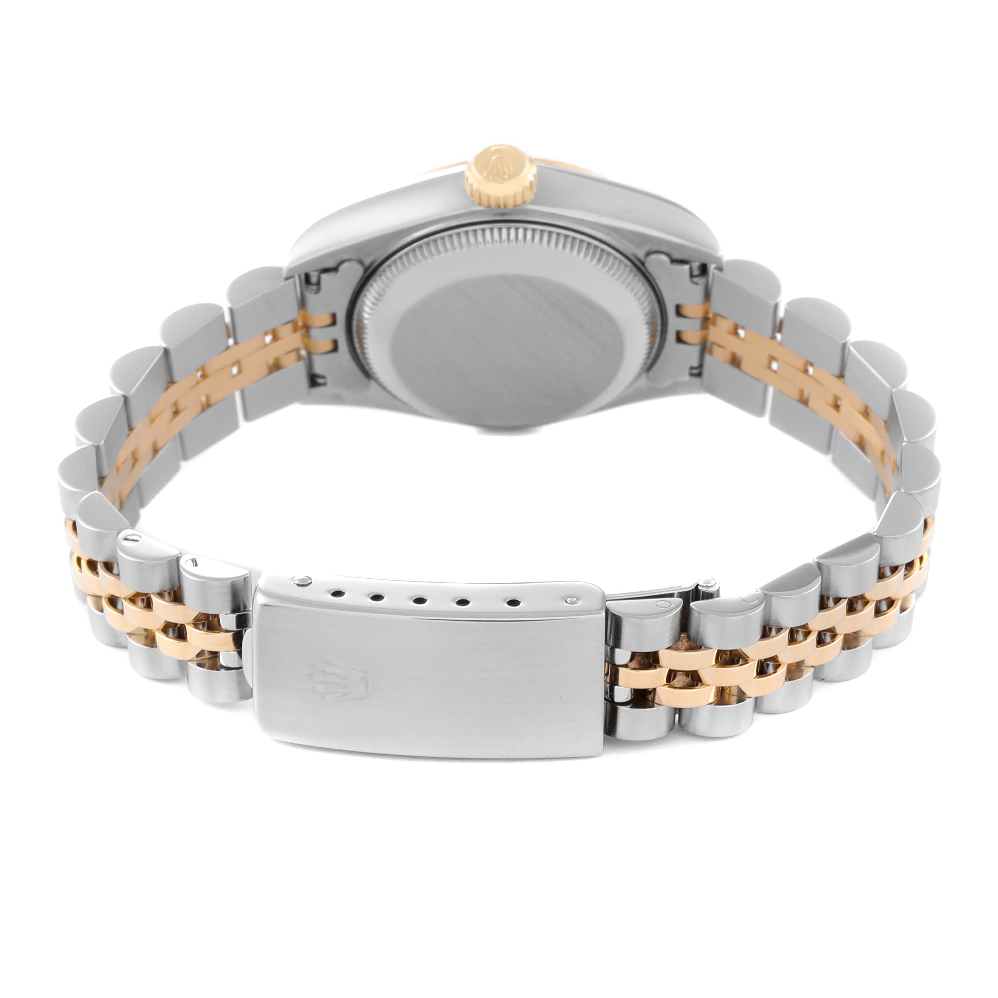 The image shows the back of a Rolex Datejust 69173 Women's Steel and Gold (two tone) Champagne Dial 69173 Women's Steel and Gold (two tone) Champagne Dial watch, highlighting the case back and the Jubilee bracelet with a clasp.