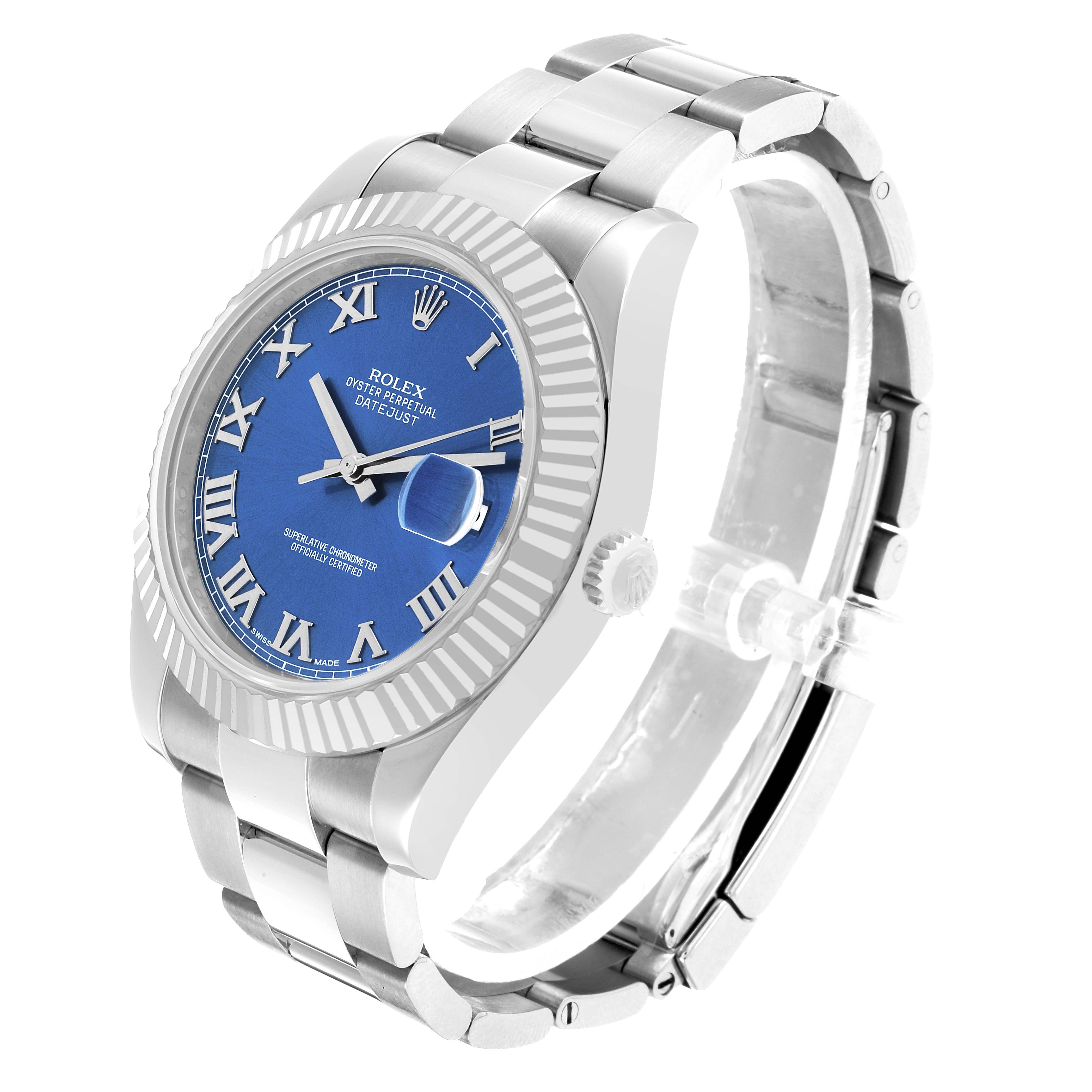 The Rolex Datejust 41 116334 Men's Stainless Steel Blue Dial is shown at an angled view with a focus on its blue dial, fluted bezel, and bracelet.