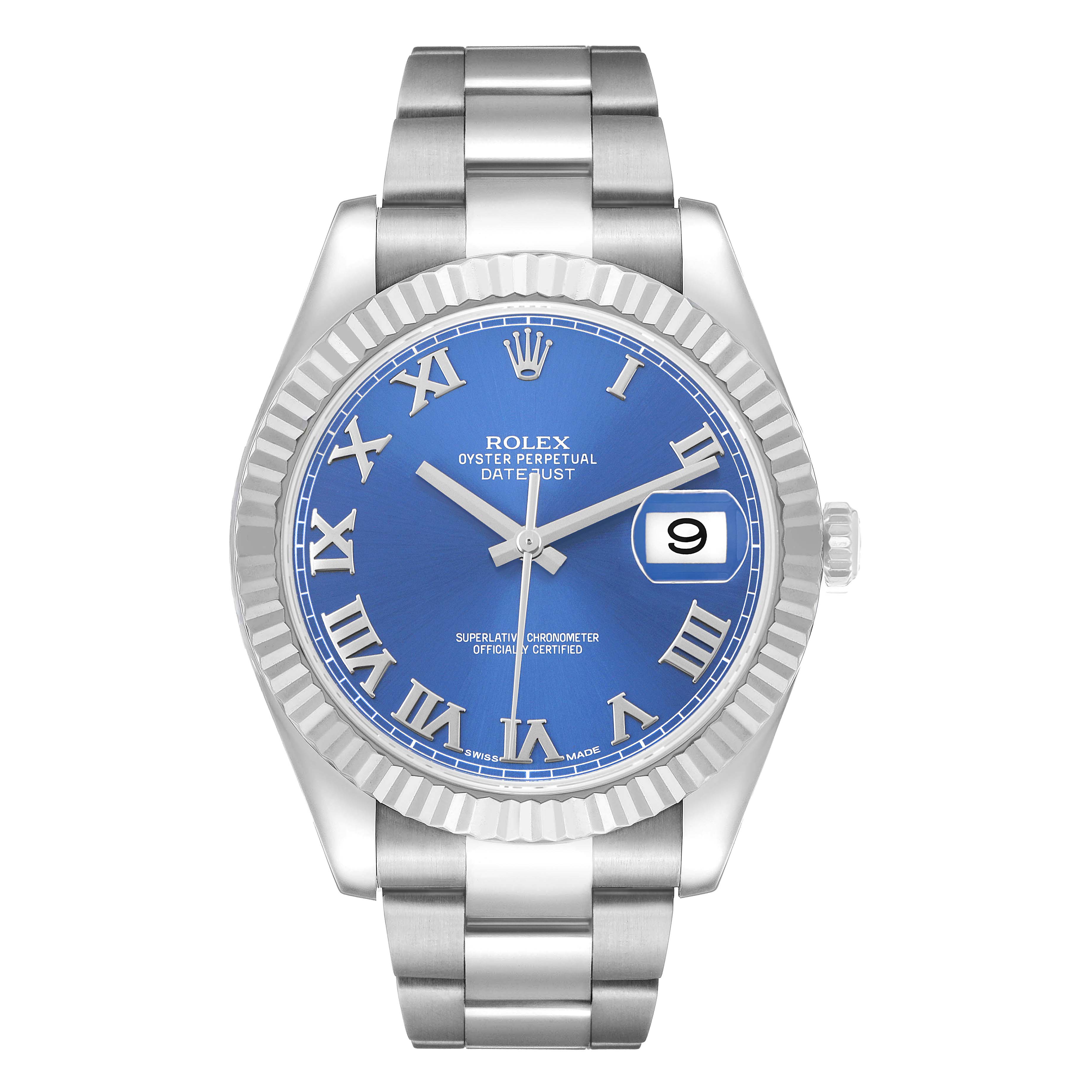 This Rolex Datejust 41 116334 Men's Stainless Steel Blue Dial watch is shown from a frontal angle, highlighting its blue dial, fluted bezel, and stainless steel bracelet.