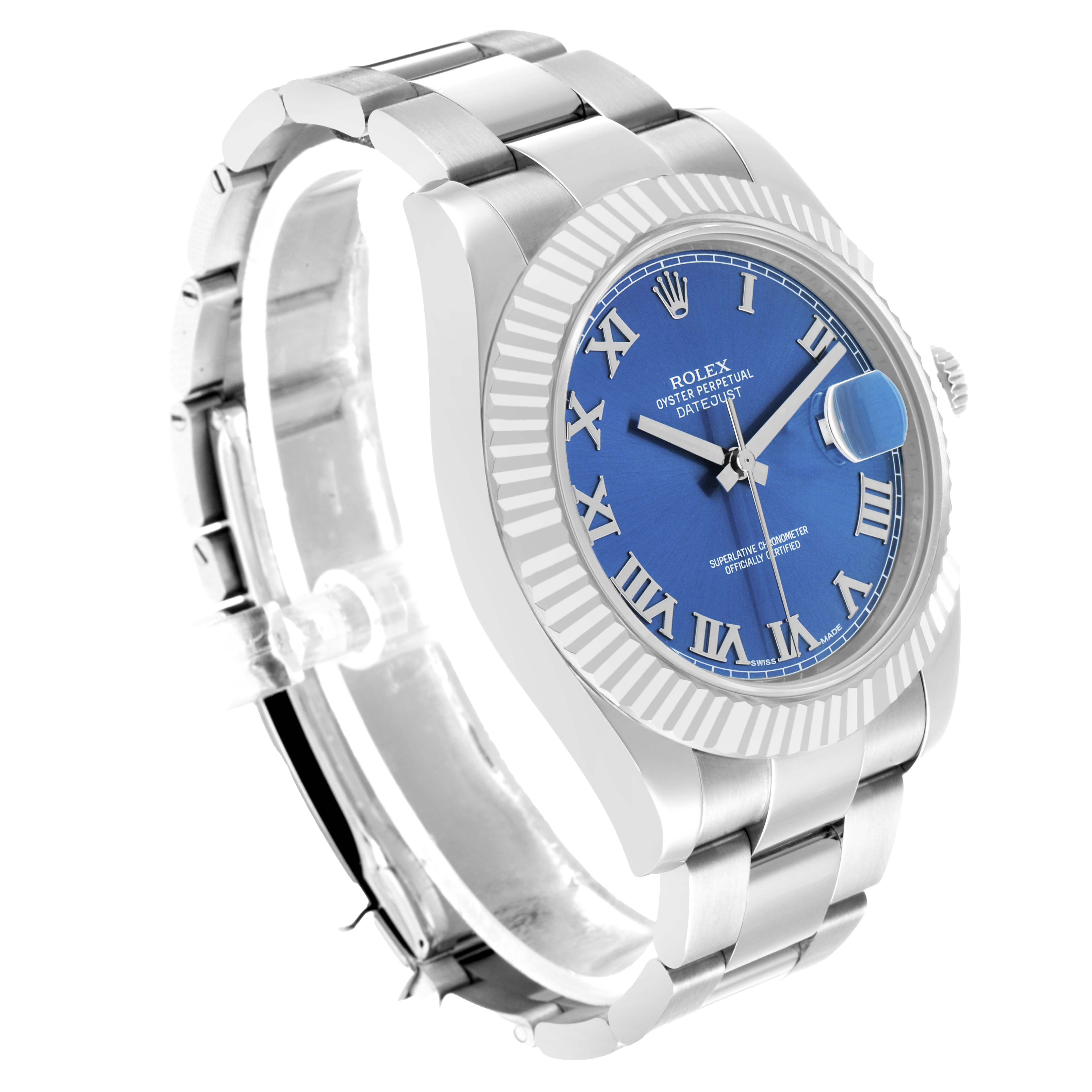 The Rolex Datejust 41 116334 Men's Stainless Steel Blue Dial is shown at an angle highlighting the blue dial, fluted bezel, and bracelet.