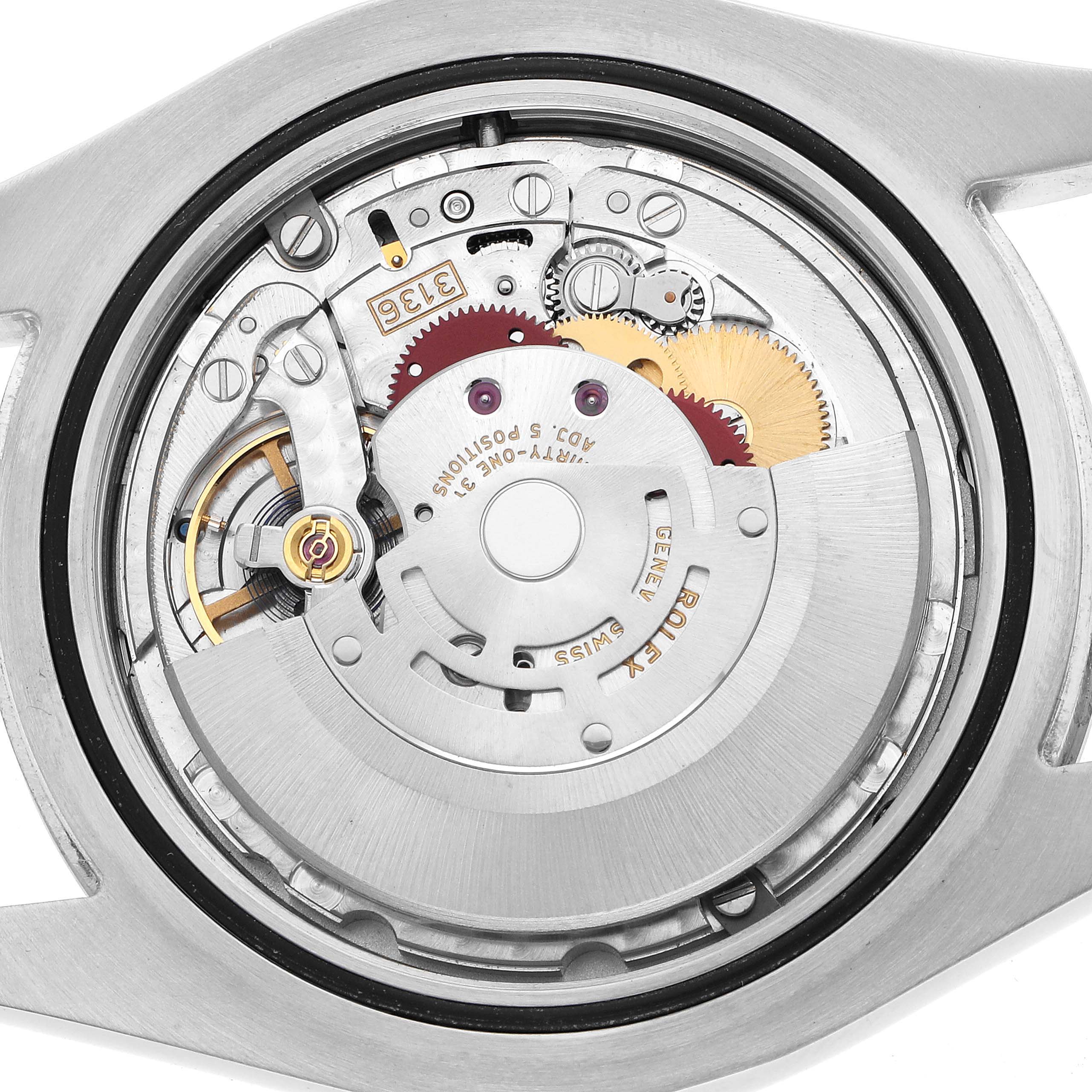 The image shows the movement of a Rolex Datejust 41 116334 Men's Stainless Steel Blue Dial, highlighting gears and the rotor from a back angle.