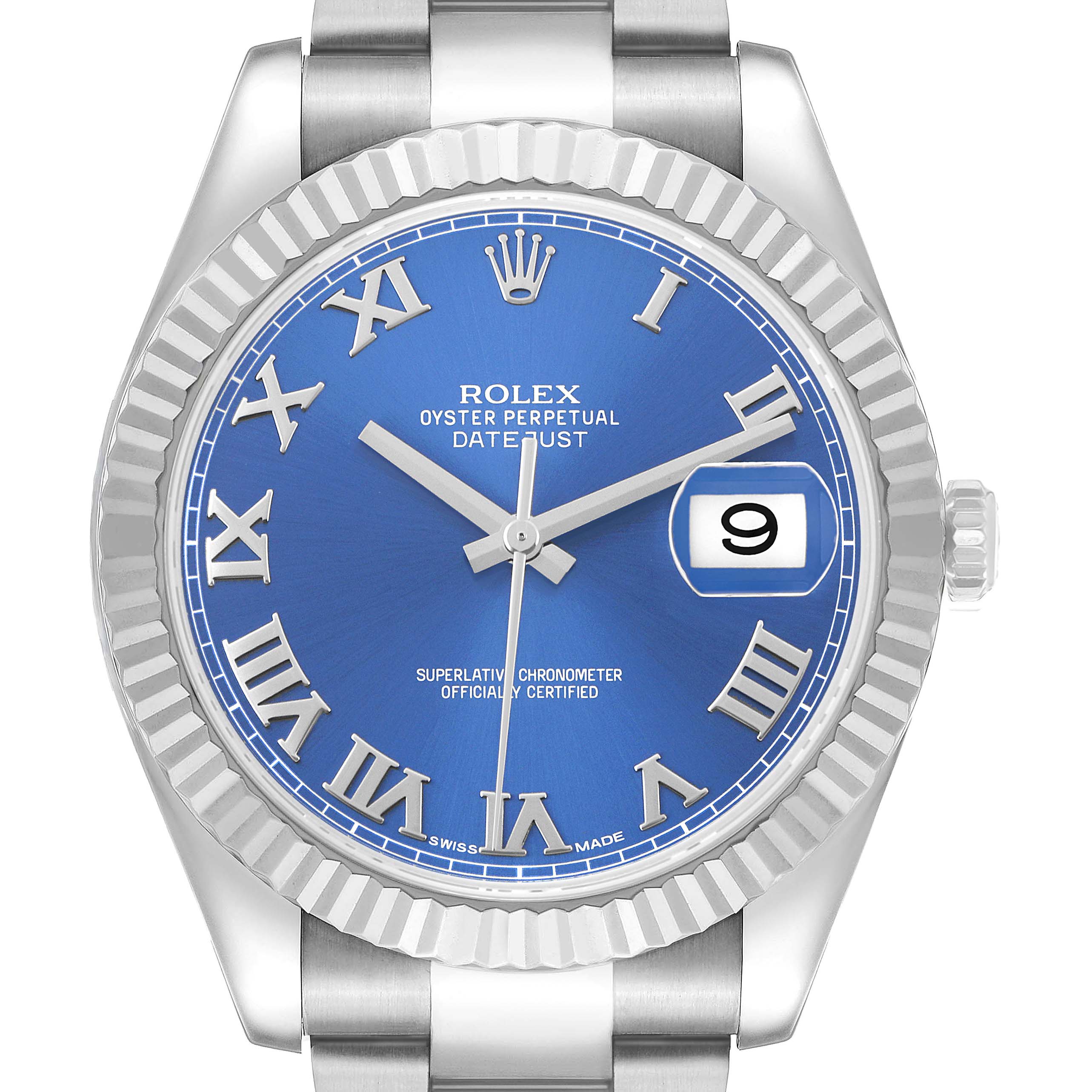 The image shows a front view of a Rolex Datejust 41 116334 Men's Stainless Steel Blue Dial watch with a blue dial, Roman numeral markers, and a fluted bezel.