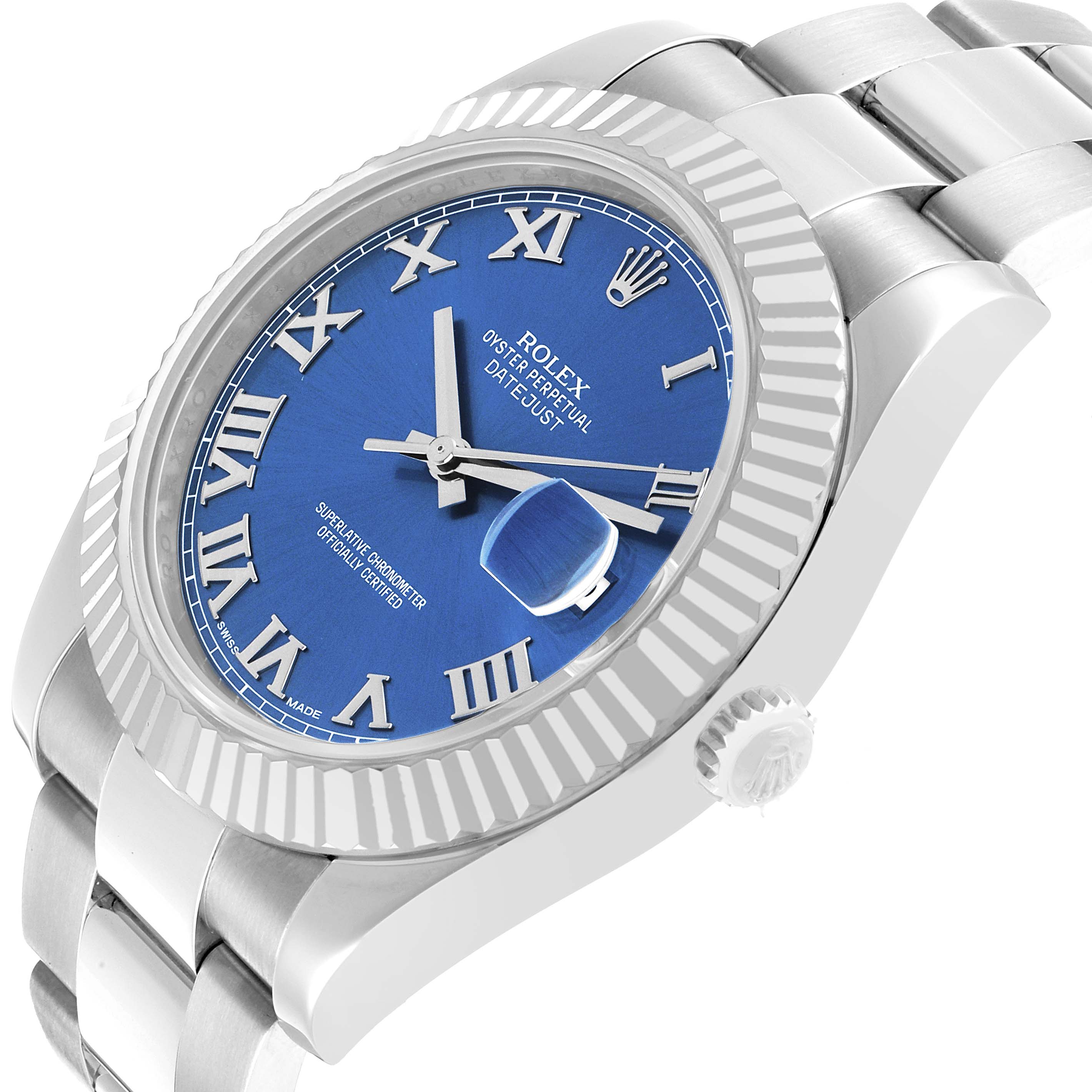 The Rolex Datejust 41 116334 Men's Stainless Steel Blue Dial watch is shown at an angle highlighting the blue dial, fluted bezel, Roman numerals, and part of the bracelet.