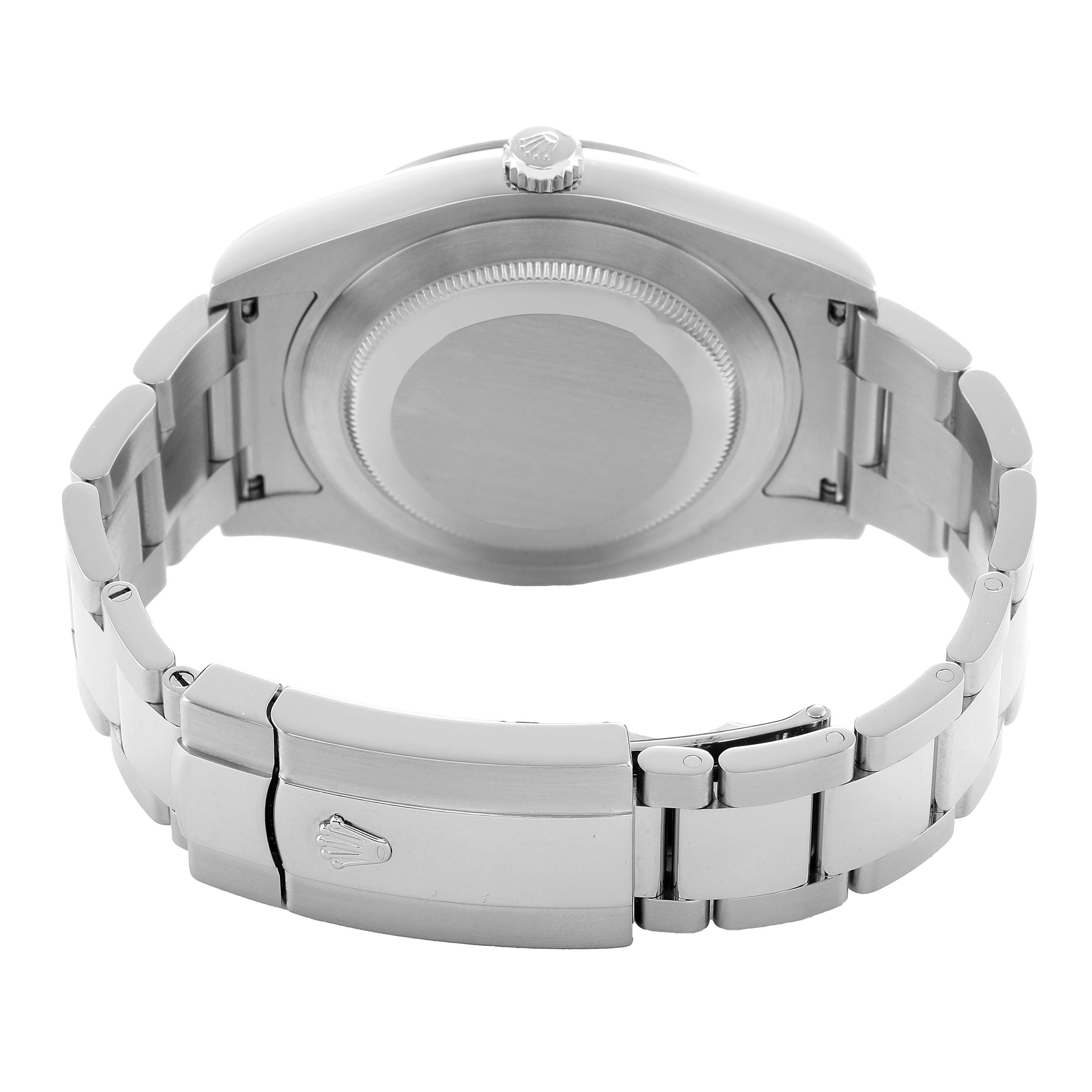 The image shows the back of a Rolex Datejust 41 116334 Men's Stainless Steel Blue Dial, highlighting the case back and clasp of the bracelet.