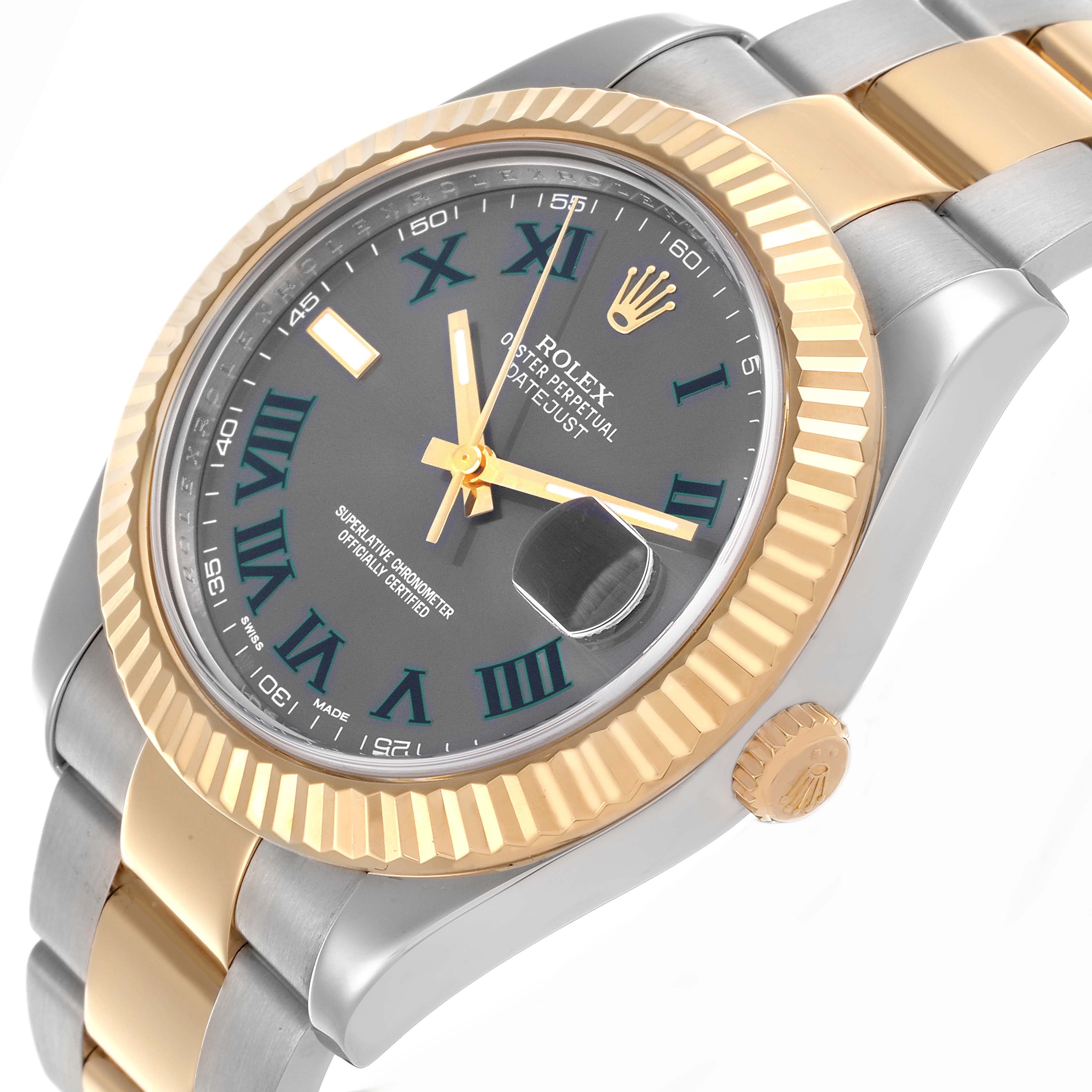 The Rolex Datejust 41 116333 Men's Steel and Gold (two tone) Grey Dial 116333 Men's Steel and Gold (two tone) Grey Dial is shown at an angle highlighting the dial, bezel, and part of the bracelet.