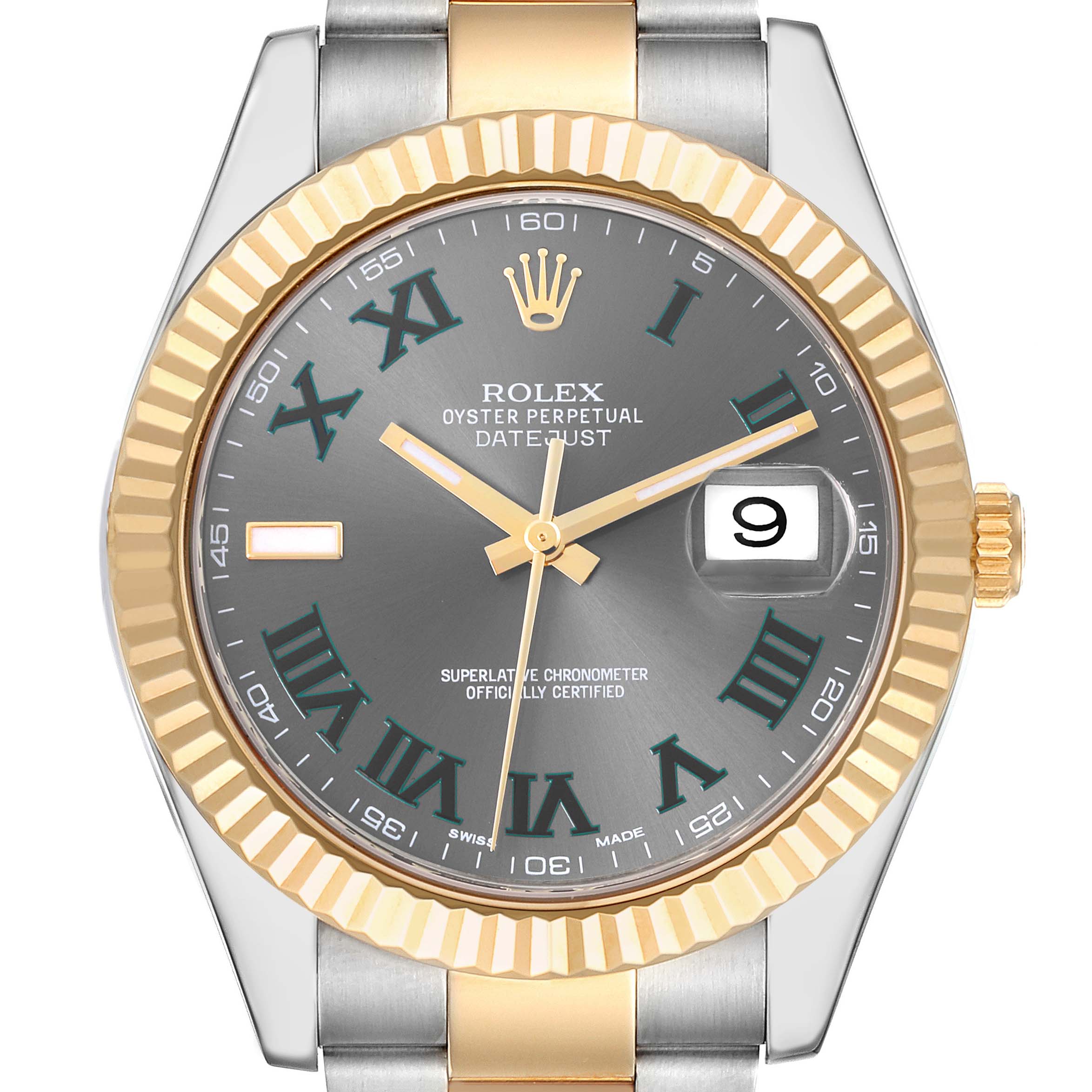 The Rolex Datejust 41 116333 Men's Steel and Gold (two tone) Grey Dial 116333 Men's Steel and Gold (two tone) Grey Dial watch is shown from a frontal angle, highlighting the face and fluted bezel.