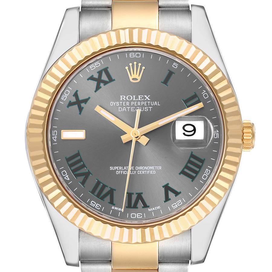 The Rolex Datejust 41 watch is shown from a frontal angle, highlighting the face and fluted bezel.