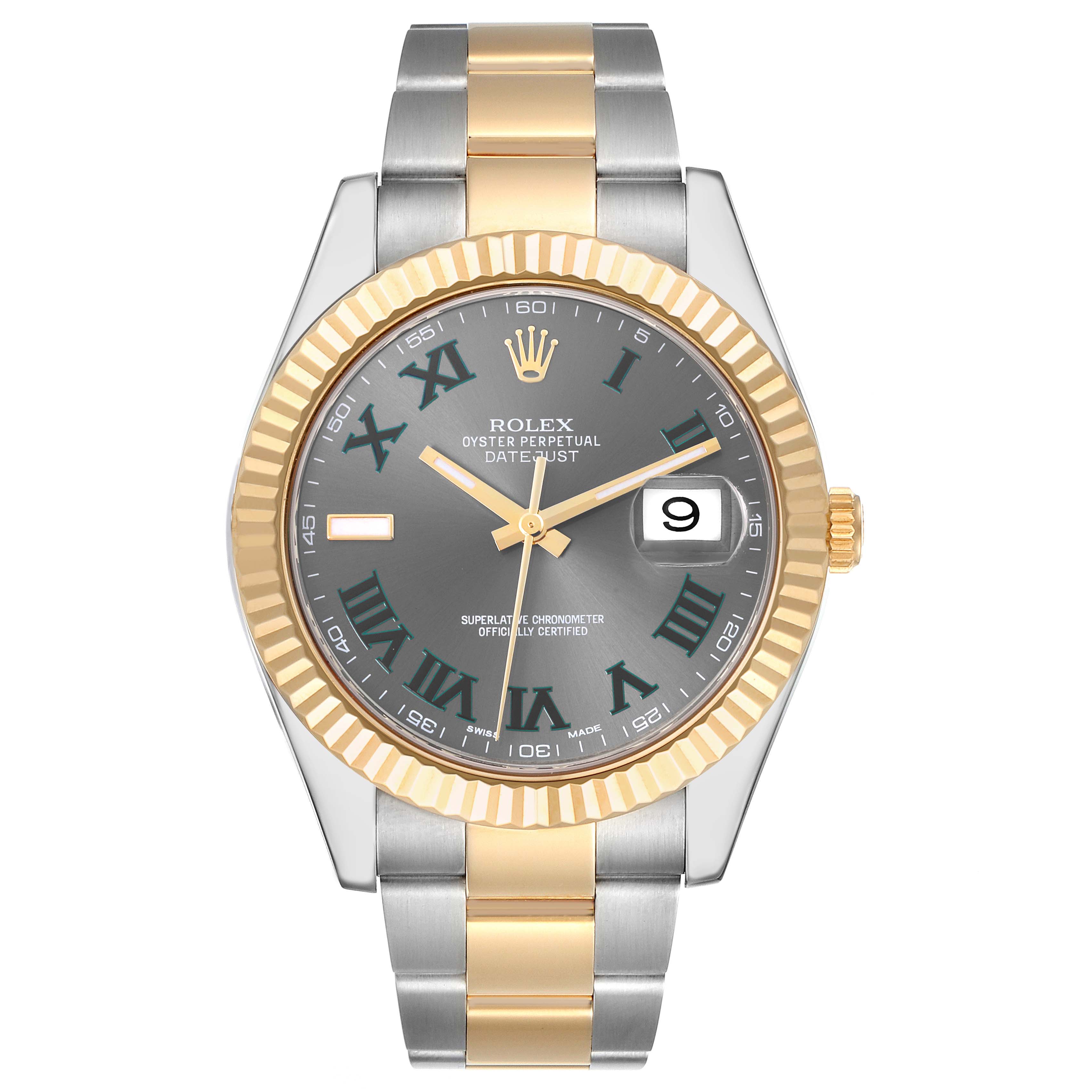 The Rolex Datejust 41 116333 Men's Steel and Gold (two tone) Grey Dial 116333 Men's Steel and Gold (two tone) Grey Dial is shown from the front, displaying its dial, bezel, crown, and two-tone bracelet.