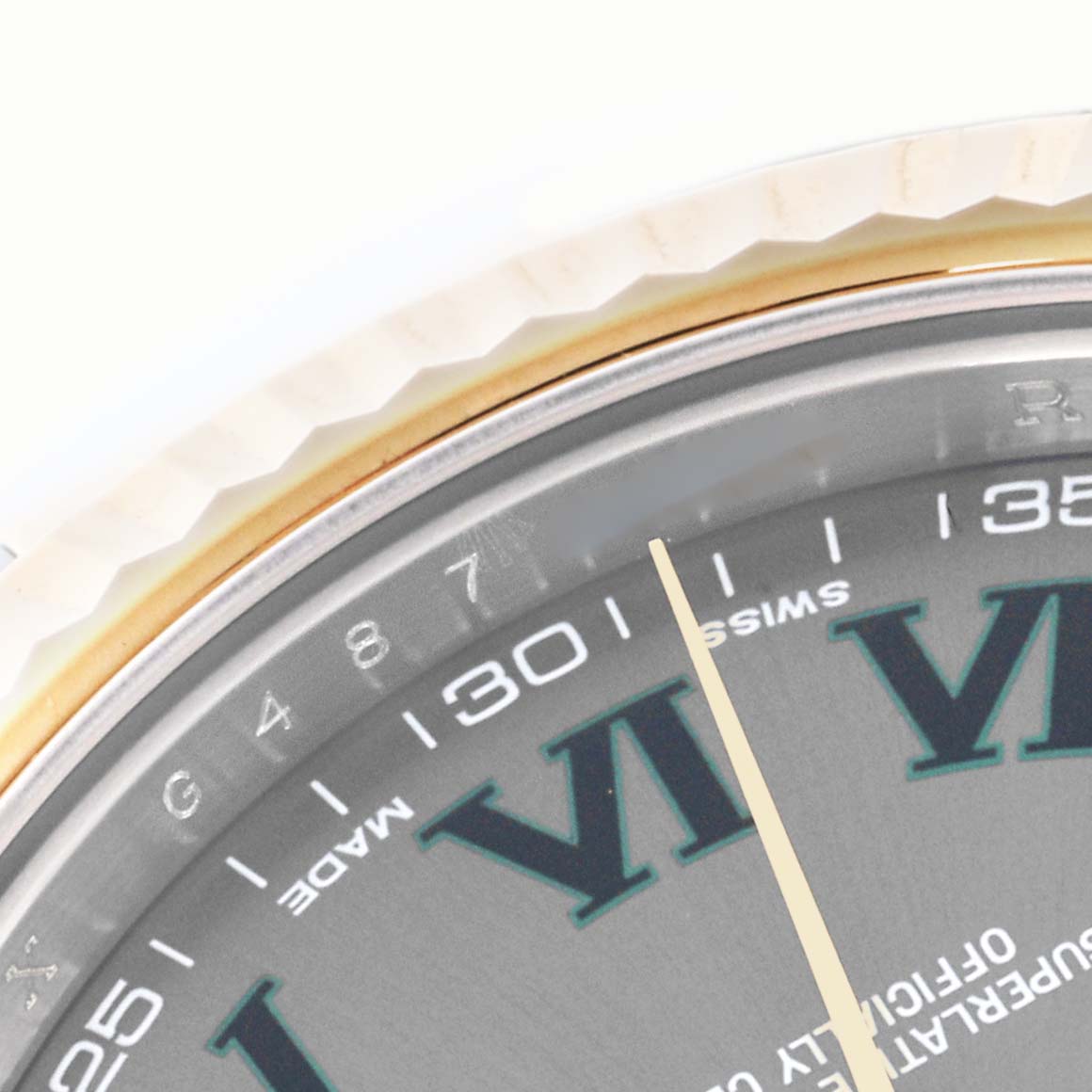 The image shows a close-up of the dial, indices, and part of the bezel of the Rolex Datejust 41 116333 Men's Steel and Gold (two tone) Grey Dial 116333 Men's Steel and Gold (two tone) Grey Dial watch.