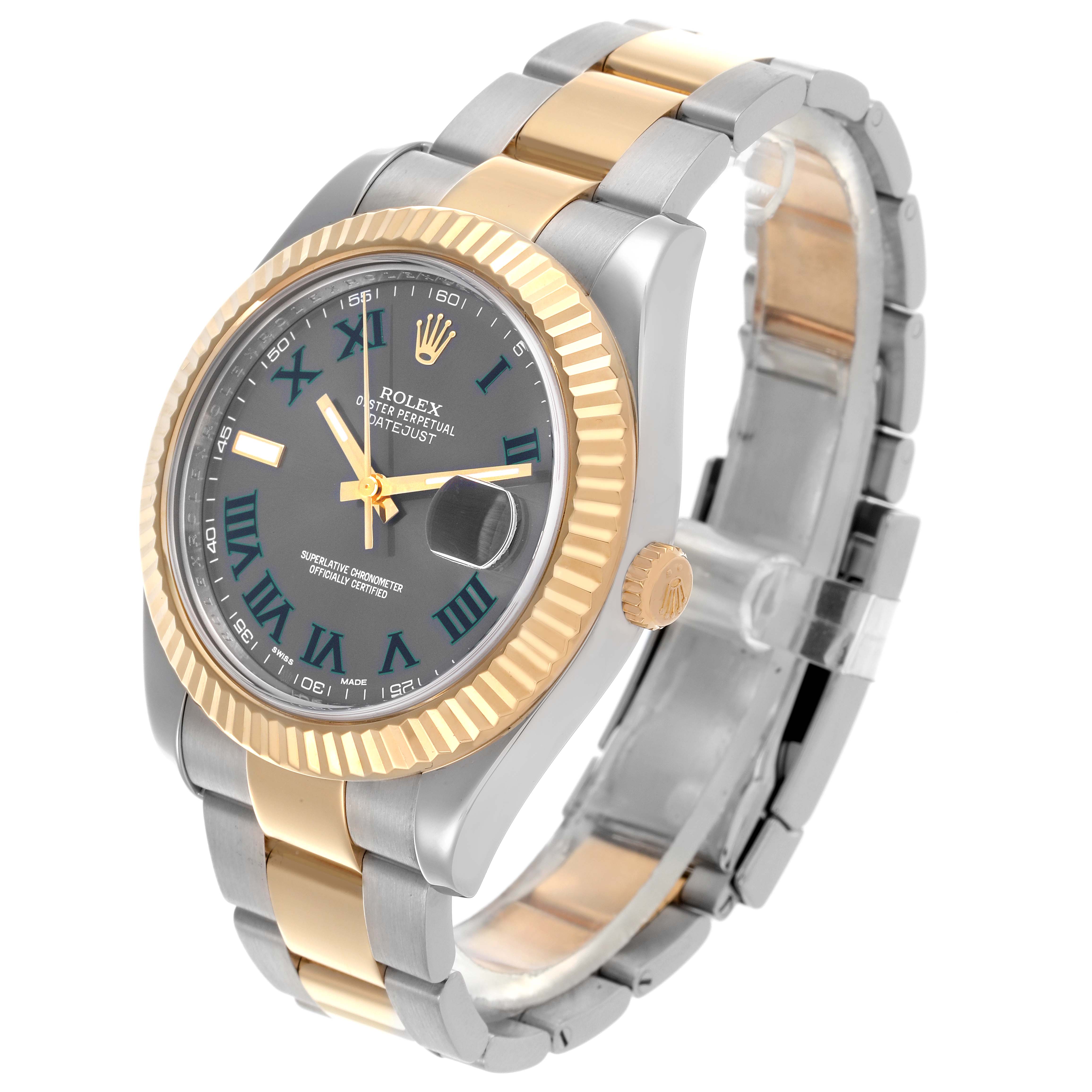 The Rolex Datejust 41 116333 Men's Steel and Gold (two tone) Grey Dial 116333 Men's Steel and Gold (two tone) Grey Dial is shown at an oblique angle, highlighting the dial, fluted bezel, crown, and two-tone bracelet.