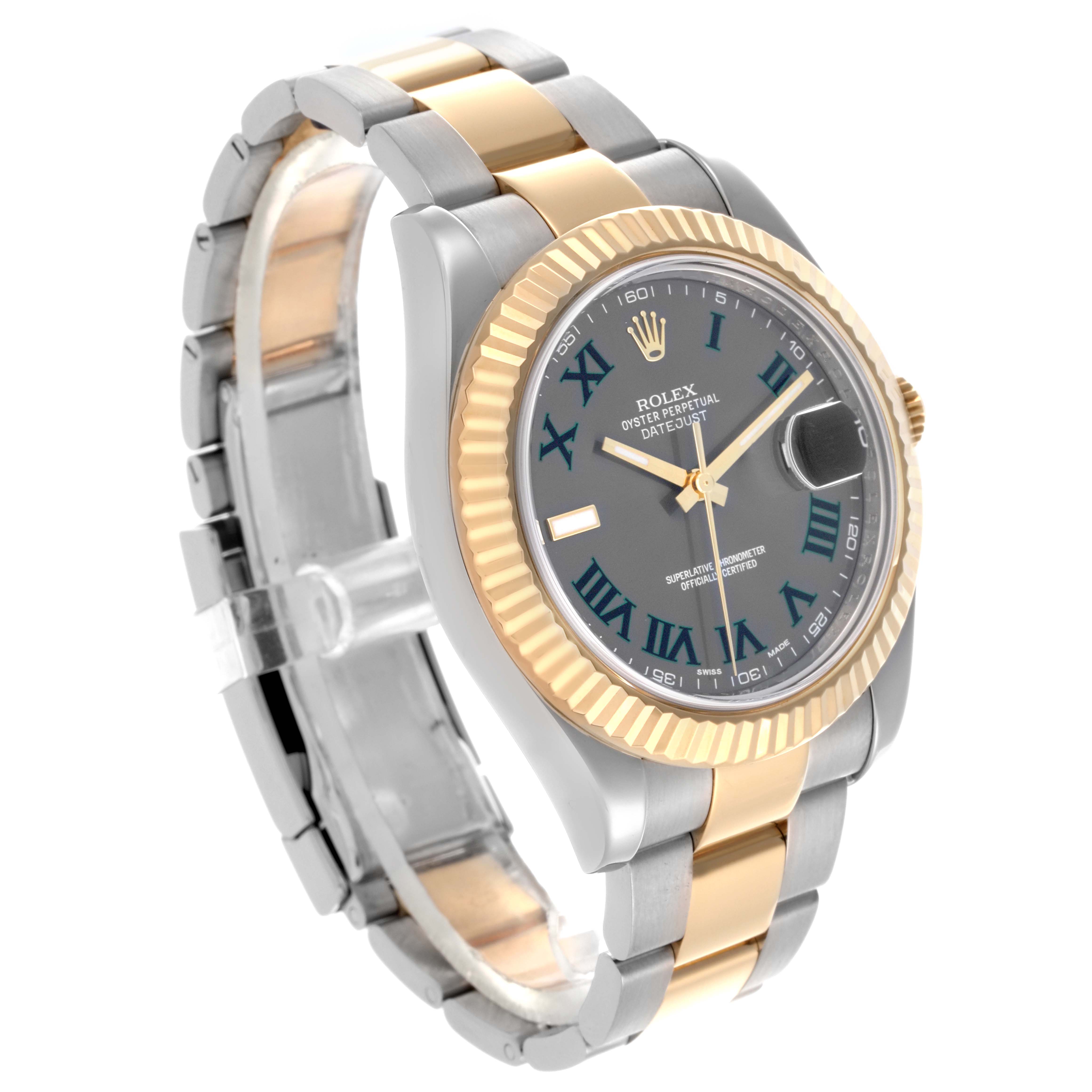 The Rolex Datejust 41 116333 Men's Steel and Gold (two tone) Grey Dial 116333 Men's Steel and Gold (two tone) Grey Dial is shown at a slight side angle, revealing its two-tone bracelet and fluted bezel.