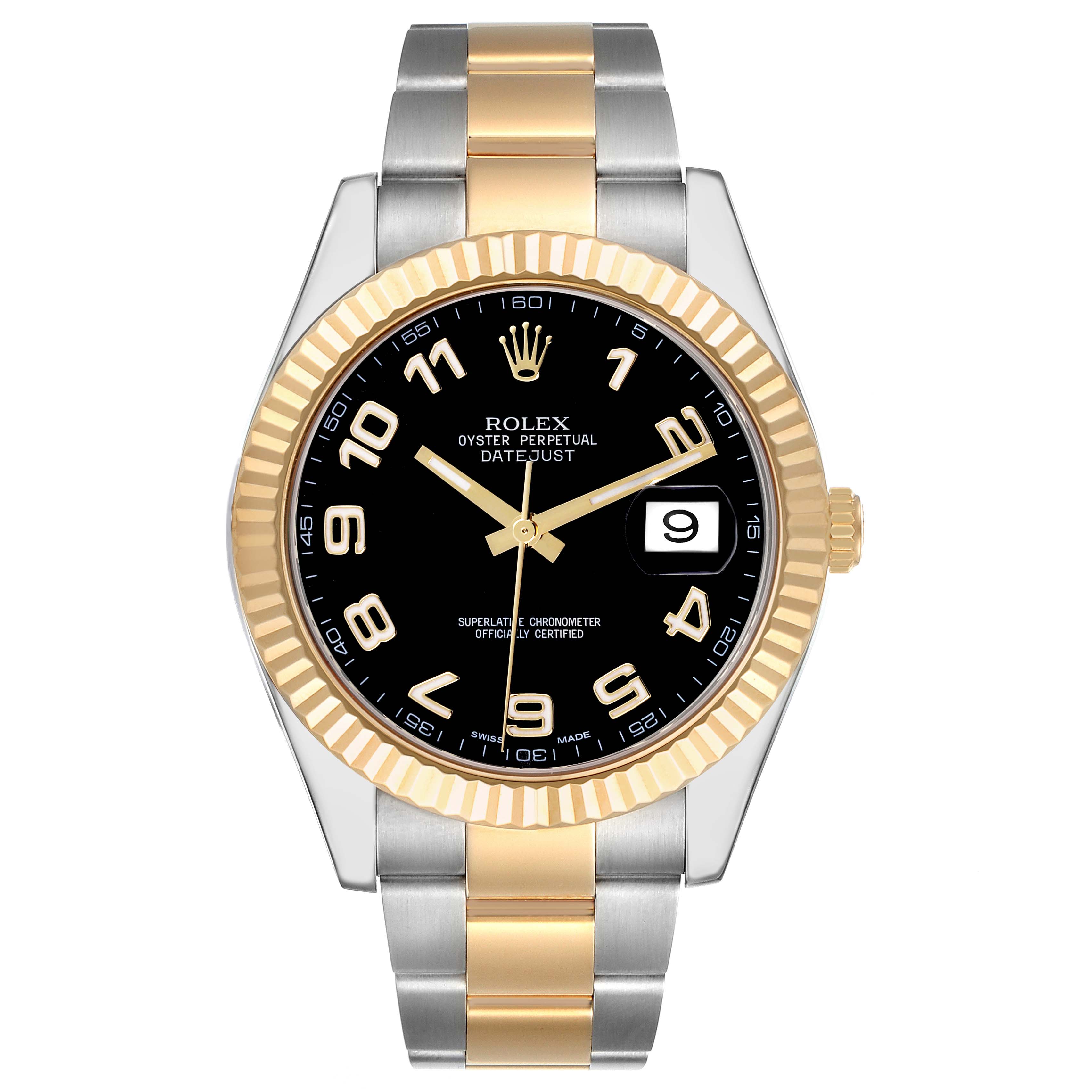 The Rolex Datejust 41 116333 Men's Steel and Gold (two tone) Black Dial 116333 Men's Steel and Gold (two tone) Black Dial is shown from the front, displaying the black dial, gold fluted bezel, and two-tone bracelet.