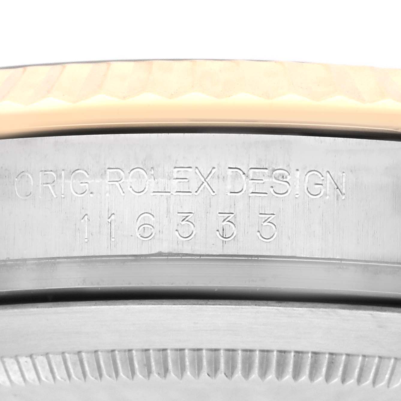 The image shows a close-up of the engraved side of a Rolex Datejust 41 116333 Men's Steel and Gold (two tone) Black Dial 116333 Men's Steel and Gold (two tone) Black Dial, displaying the model number.