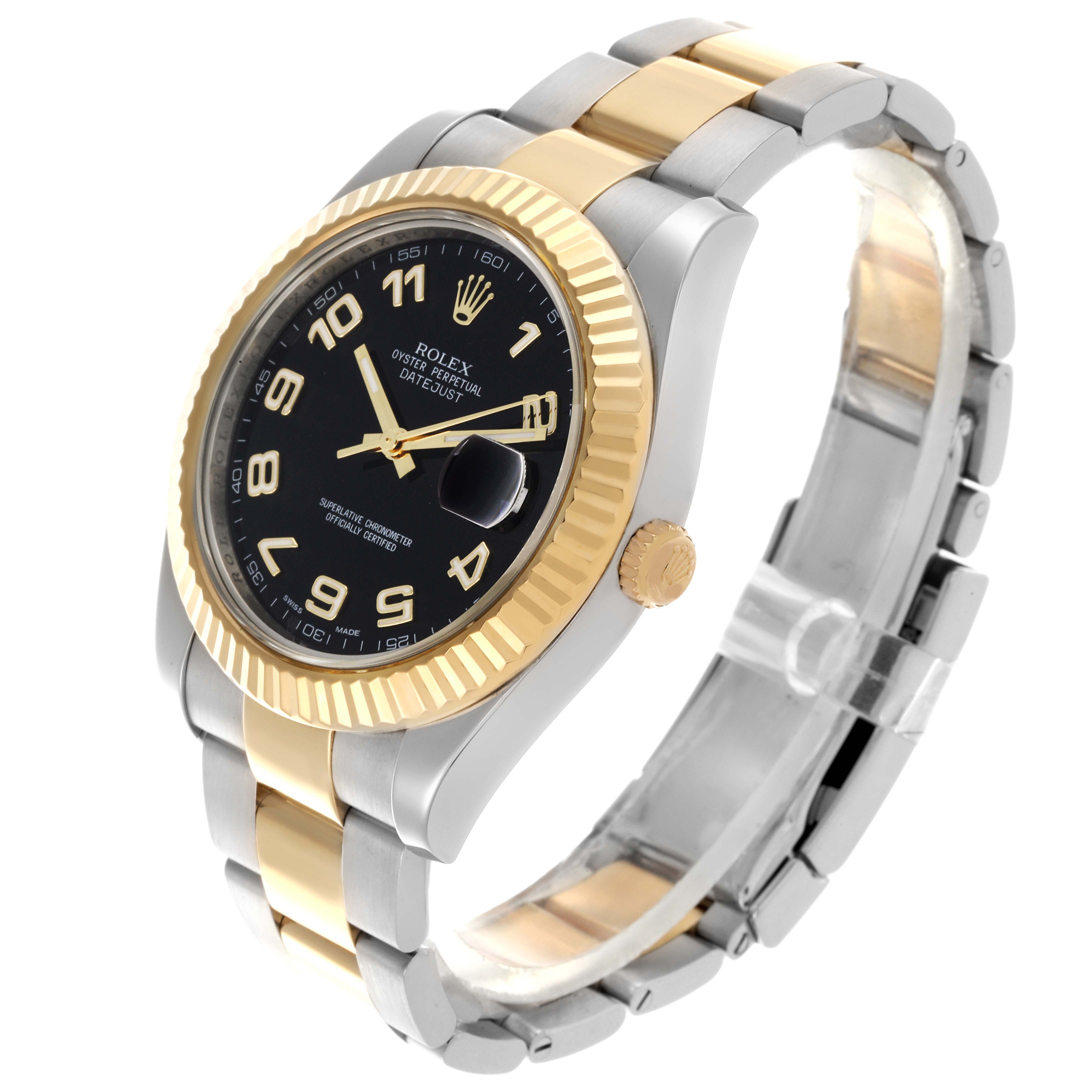 The Rolex Datejust 41 116333 Men's Steel and Gold (two tone) Black Dial 116333 Men's Steel and Gold (two tone) Black Dial is shown at an angled view, displaying the bracelet, clasp, bezel, and black dial.