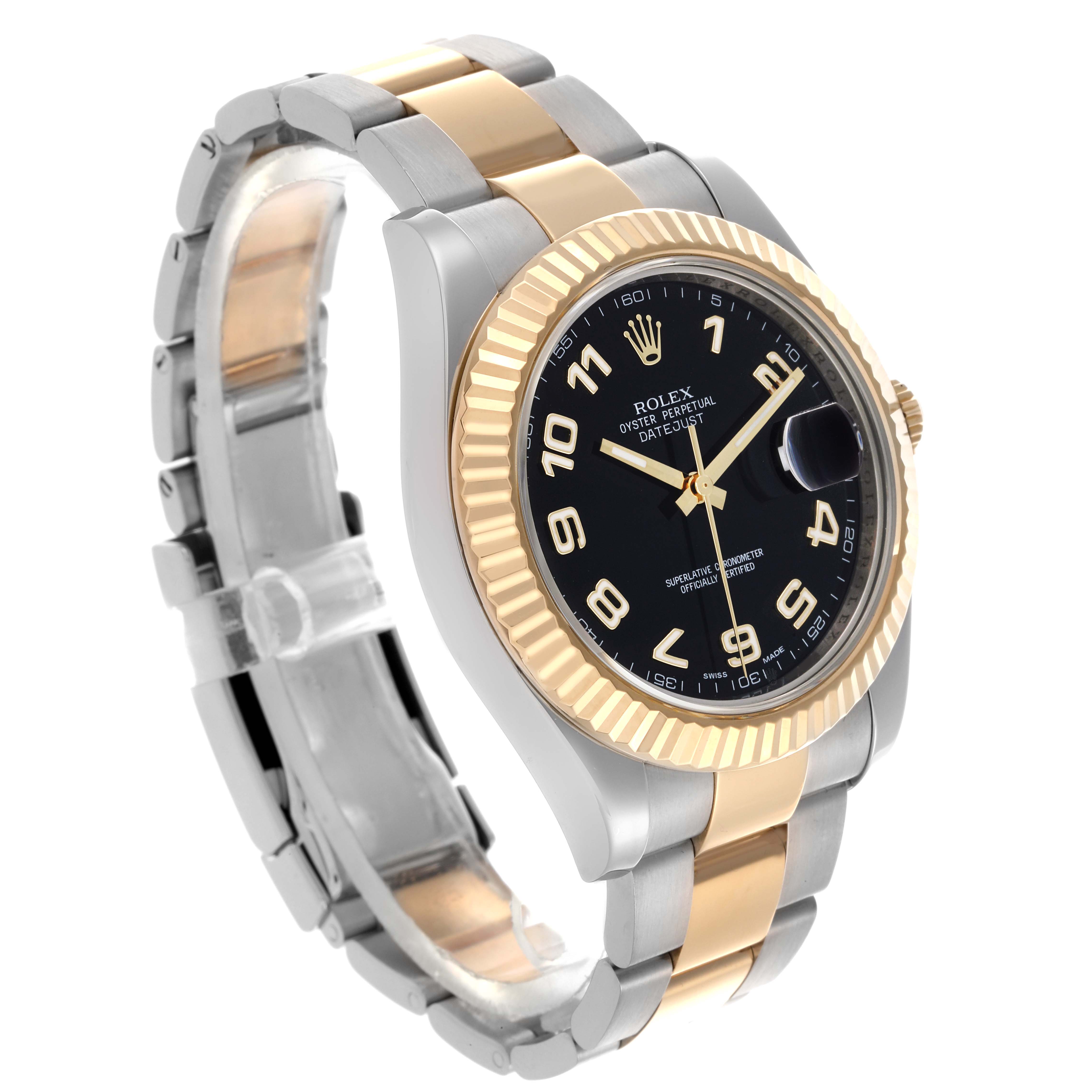 The Rolex Datejust 41 116333 Men's Steel and Gold (two tone) Black Dial 116333 Men's Steel and Gold (two tone) Black Dial is shown from a three-quarter angle, highlighting the gold and silver bracelet, fluted bezel, and black dial.