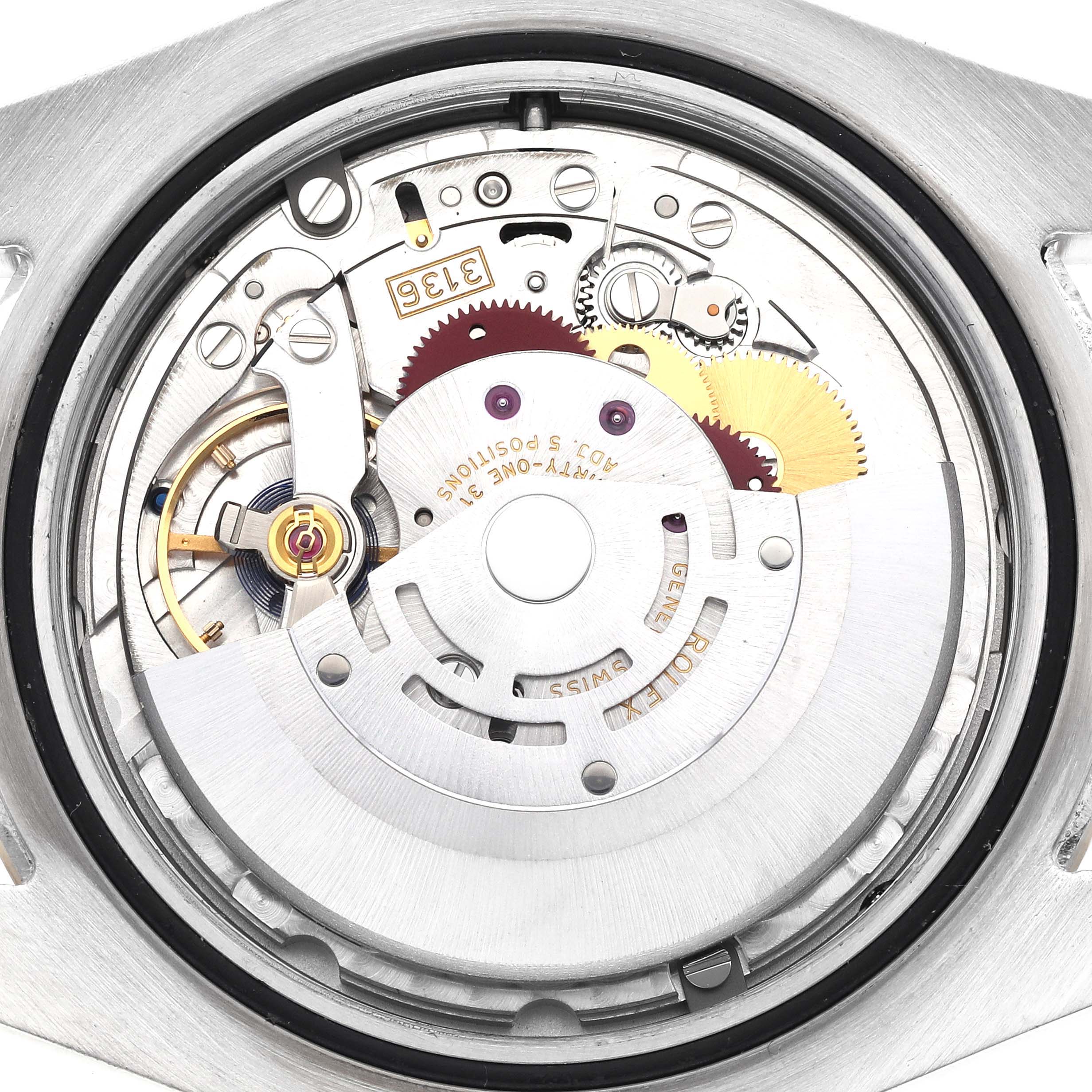 The image shows the back view of the Rolex Datejust 41 116333 Men's Steel and Gold (two tone) Black Dial 116333 Men's Steel and Gold (two tone) Black Dial, revealing its intricate movement mechanics.