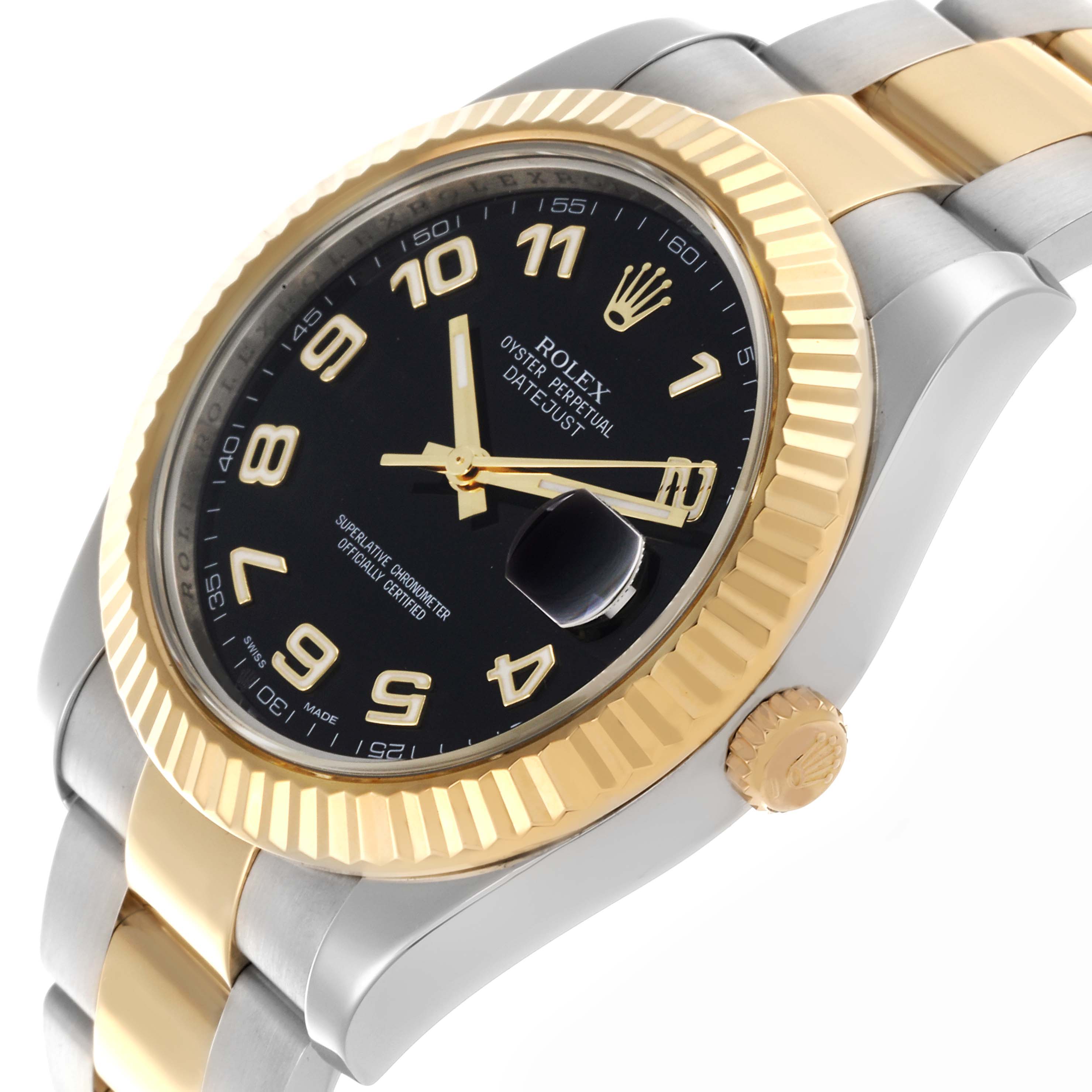 The Rolex Datejust 41 116333 Men's Steel and Gold (two tone) Black Dial 116333 Men's Steel and Gold (two tone) Black Dial watch is shown at an angled side view, highlighting the black dial, gold bezel, and two-tone bracelet.