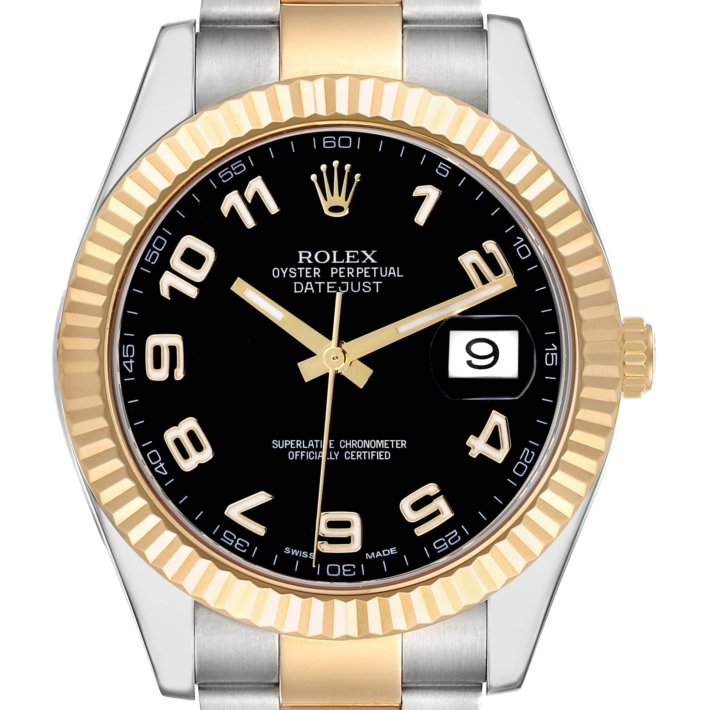 The Rolex Datejust 41 116333 Men's Steel and Gold (two tone) Black Dial 116333 Men's Steel and Gold (two tone) Black Dial is shown from the front, featuring a two-tone bezel, black dial, and gold numerals with a date window.