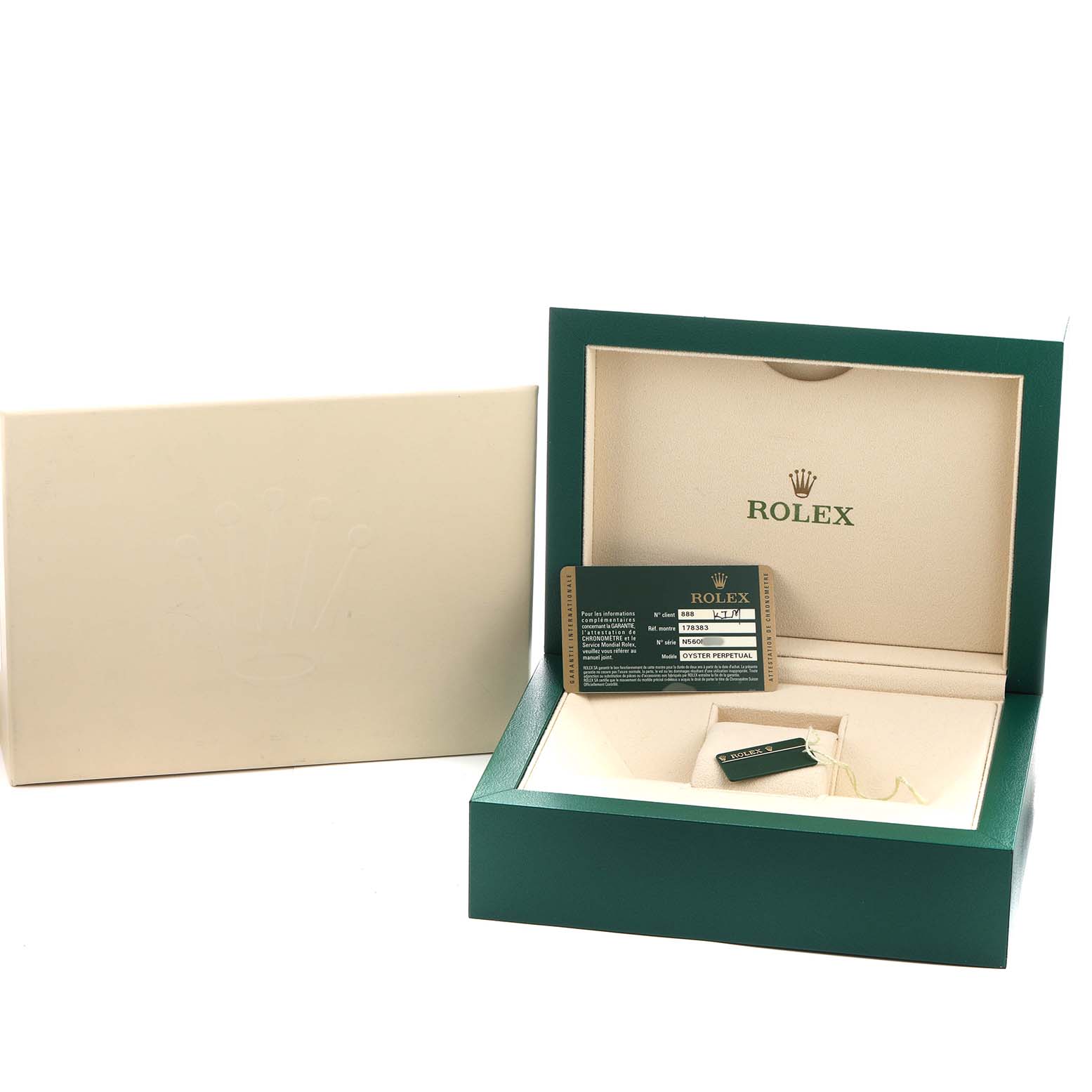 The image shows the open packaging and authenticity card for a Rolex Mid-Size M178383-0008 Women's Steel and Gold (two tone) Champagne Dial model, but not the watch itself.