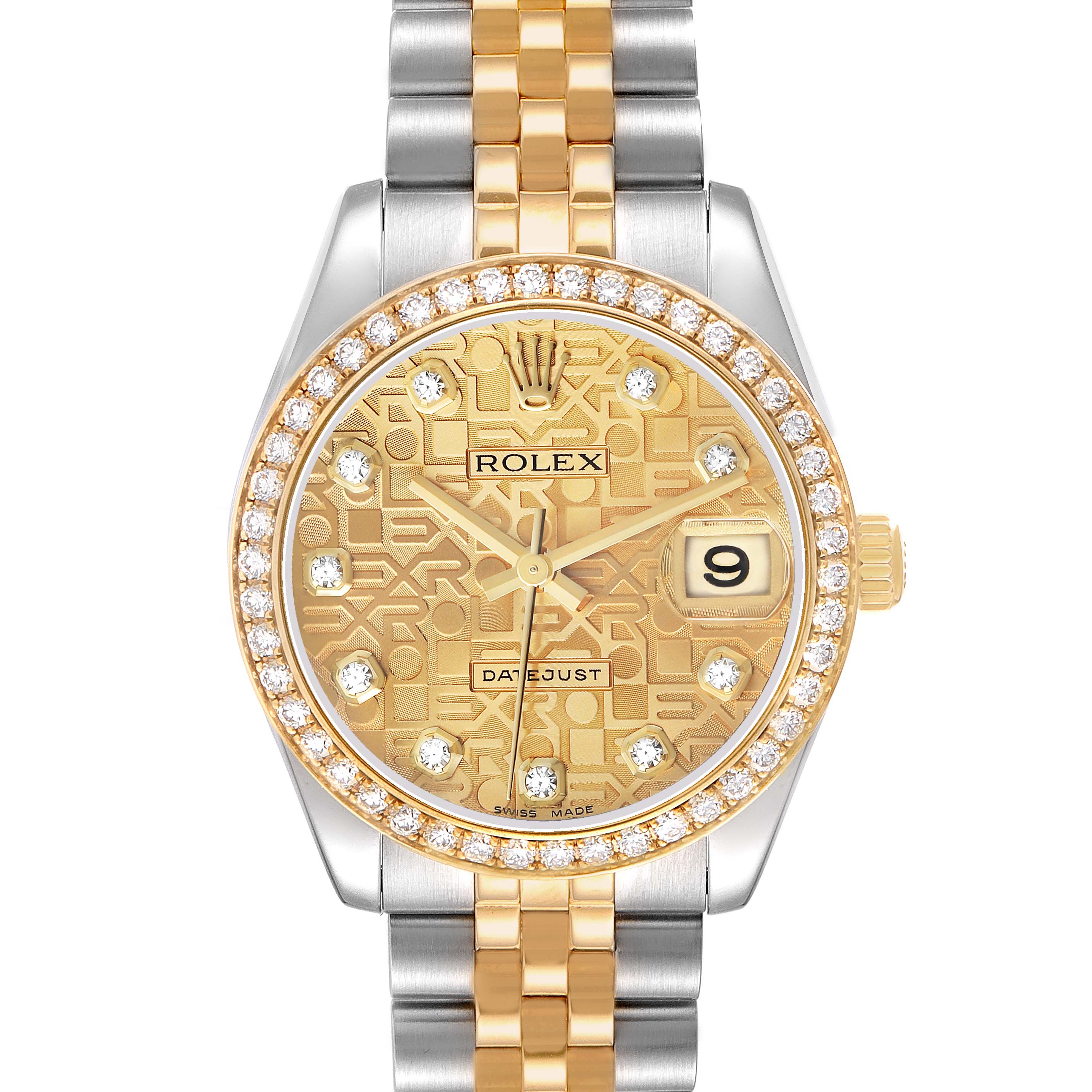 The Rolex Mid-Size M178383-0008 Women's Steel and Gold (two tone) Champagne Dial Datejust is shown from a front view, highlighting the dial, diamond bezel, and two-tone bracelet.