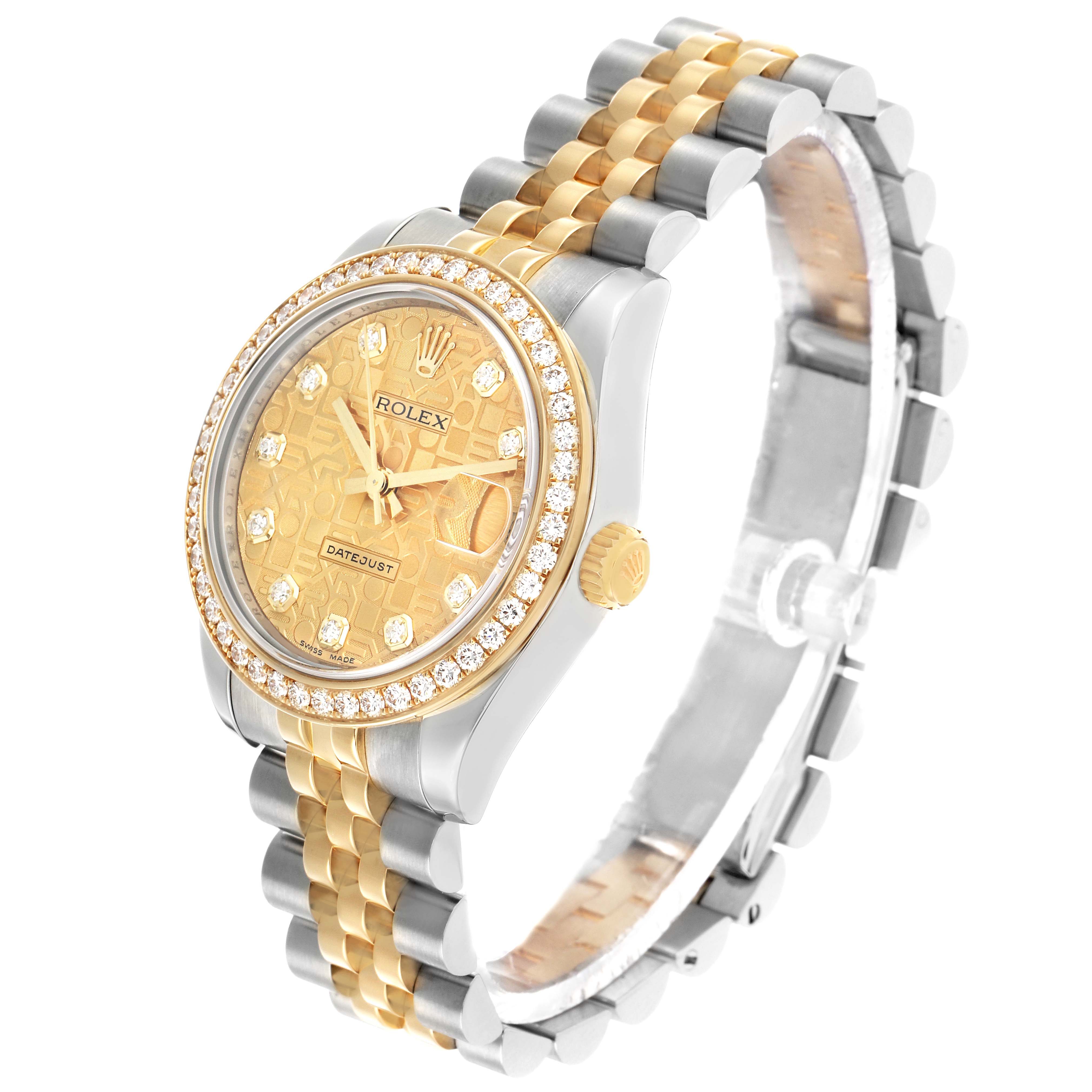 The Rolex Datejust mid-size watch is shown from an angled top view, highlighting the bezel, dial, and two-tone bracelet.