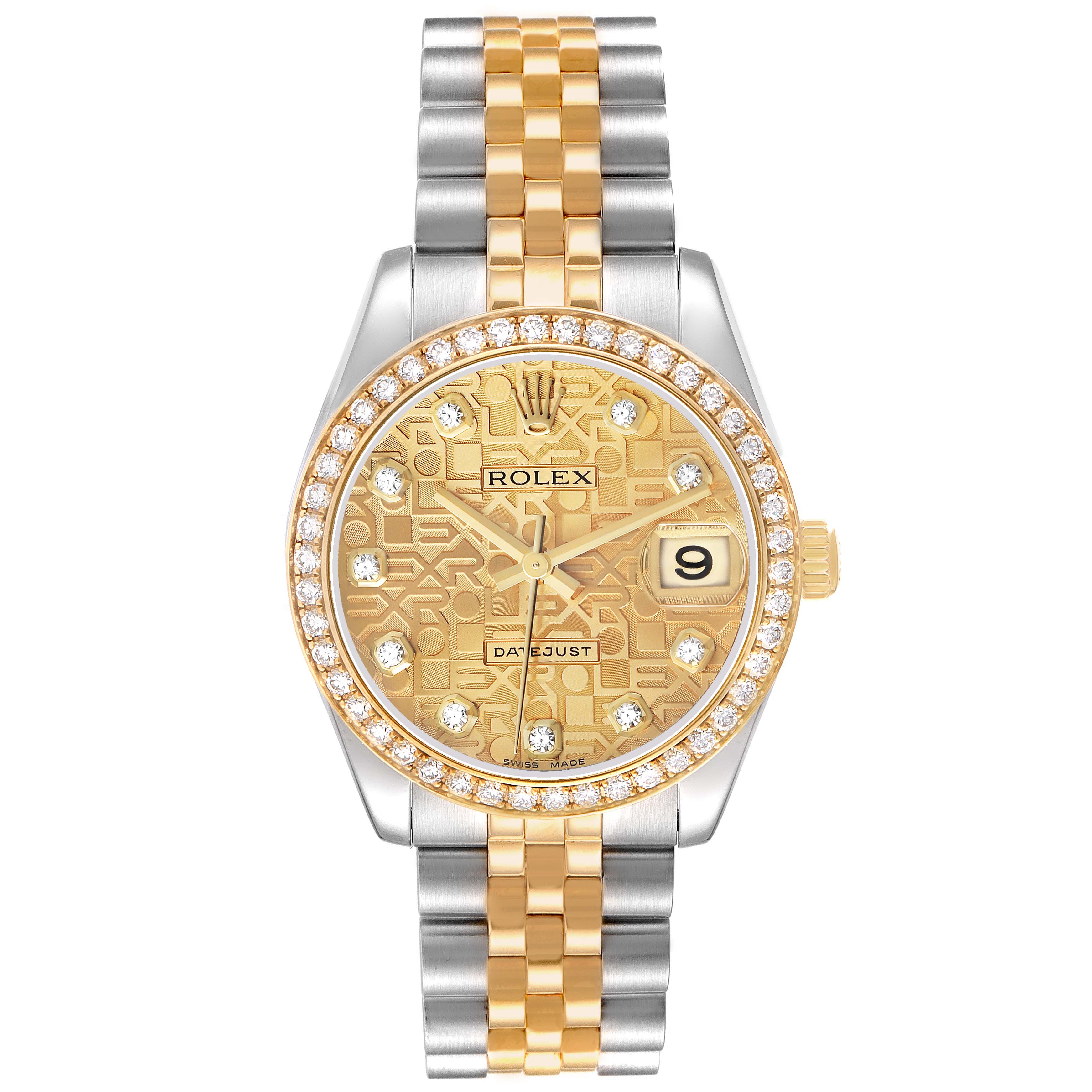 The Rolex Mid-Size M178383-0008 Women's Steel and Gold (two tone) Champagne Dial watch is shown from the front, displaying the face, bezel, crown, and bracelet.