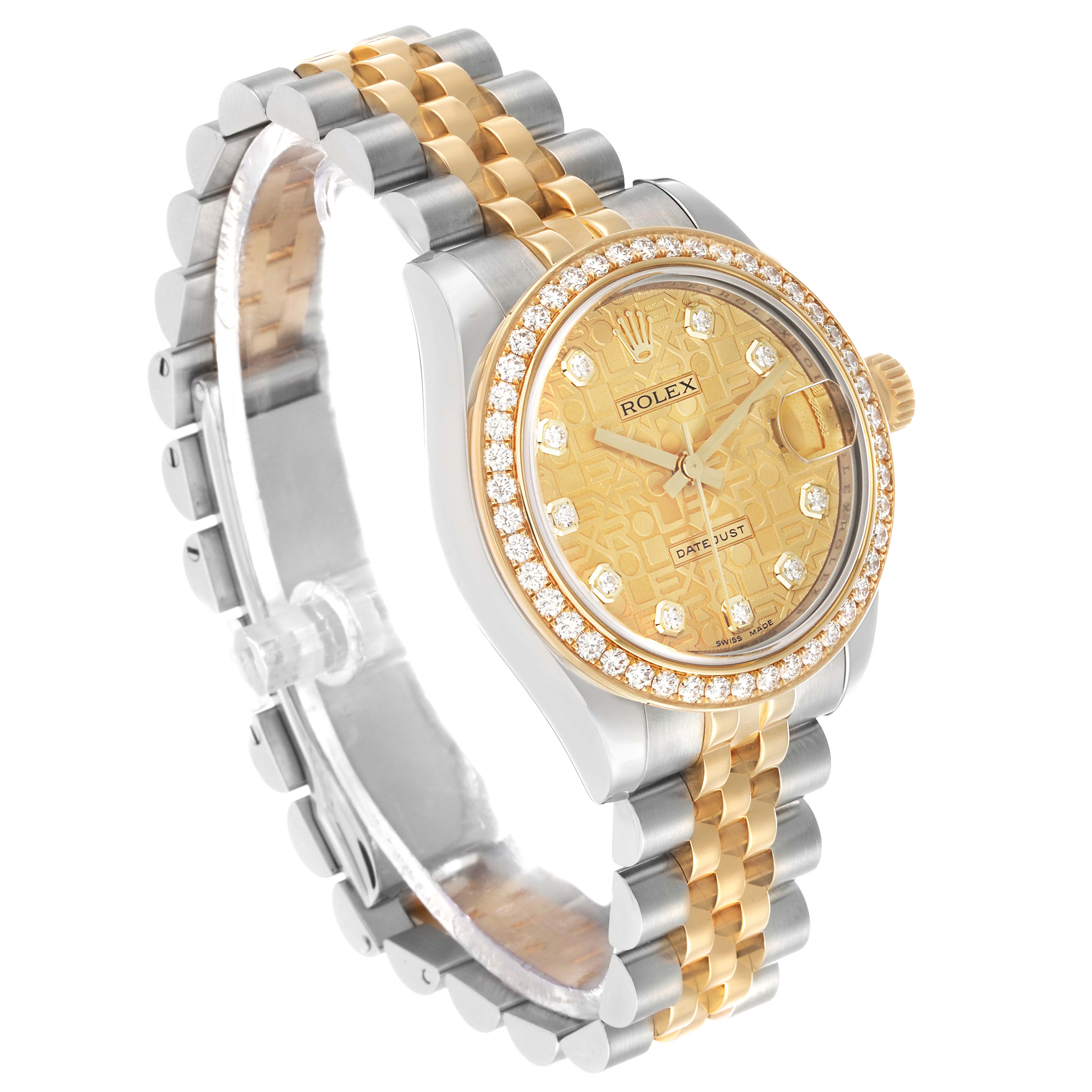 The Rolex Mid-Size M178383-0008 Women's Steel and Gold (two tone) Champagne Dial Datejust is shown at a three-quarter angle, displaying its gold dial, diamond bezel, and two-tone bracelet.