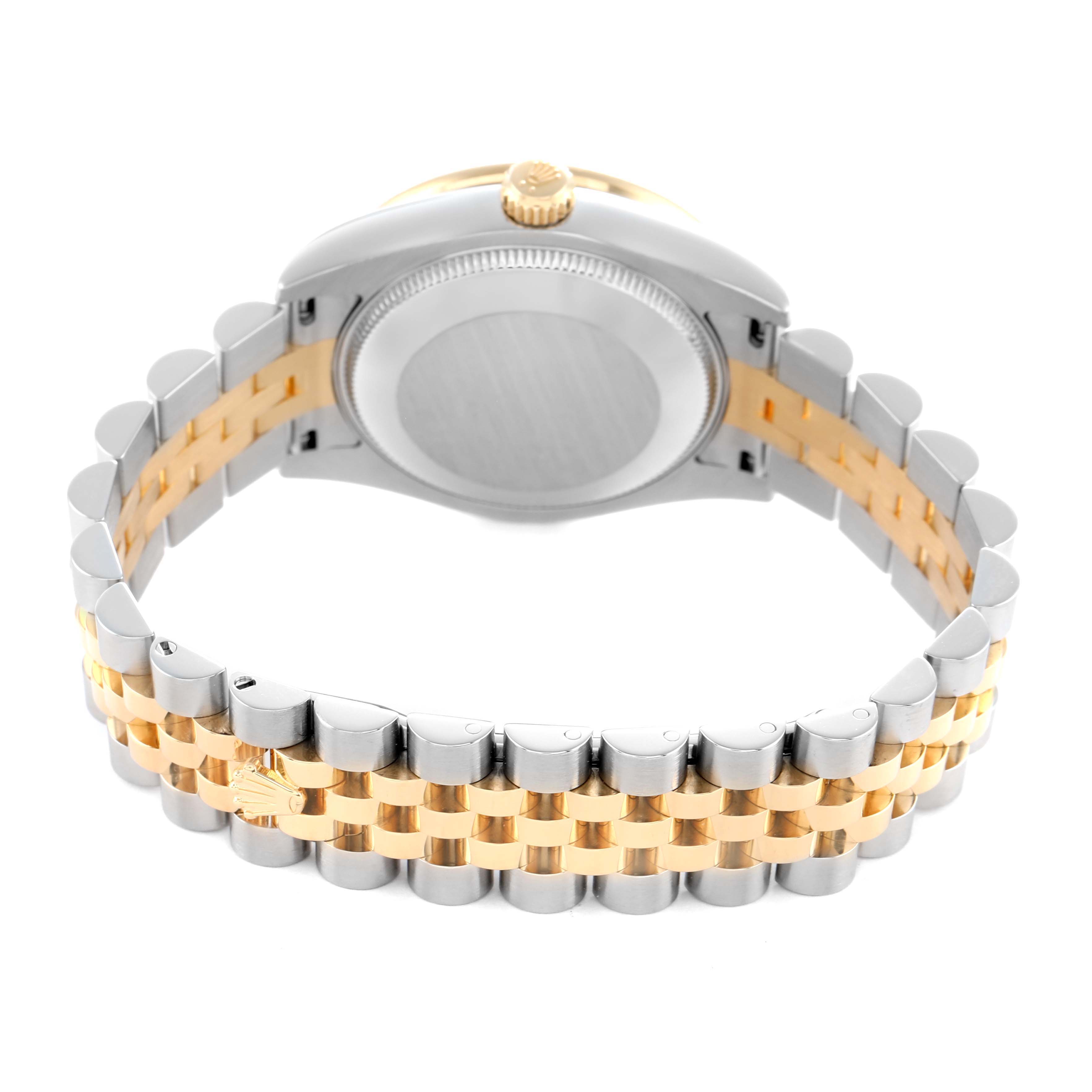 The image shows the back and side of a Mid-Size Rolex watch, highlighting its two-tone bracelet and crown.