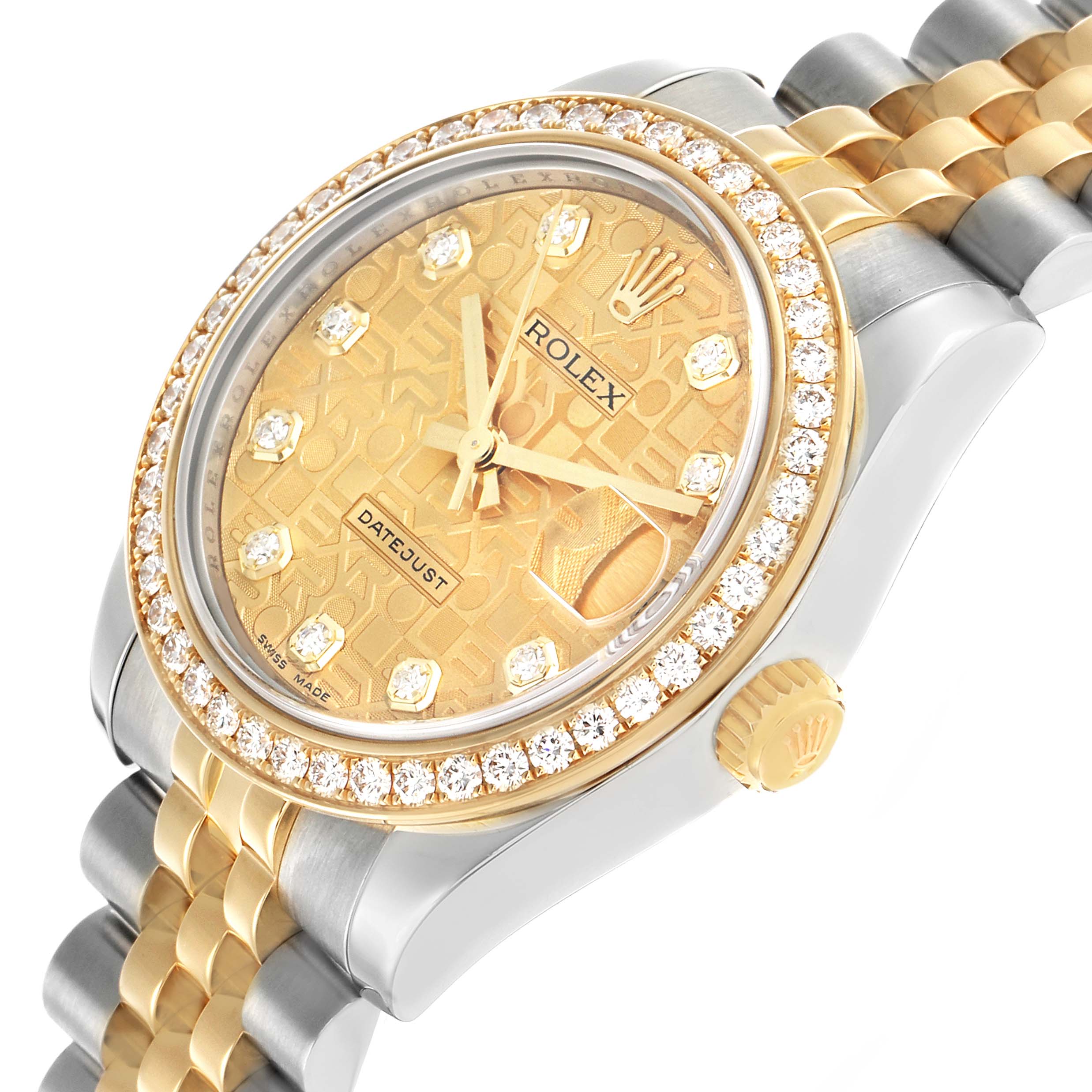 The Rolex Mid-Size M178383-0008 Women's Steel and Gold (two tone) Champagne Dial watch is shown at a slight angle from the front, displaying the dial, bezel, and part of the bracelet.
