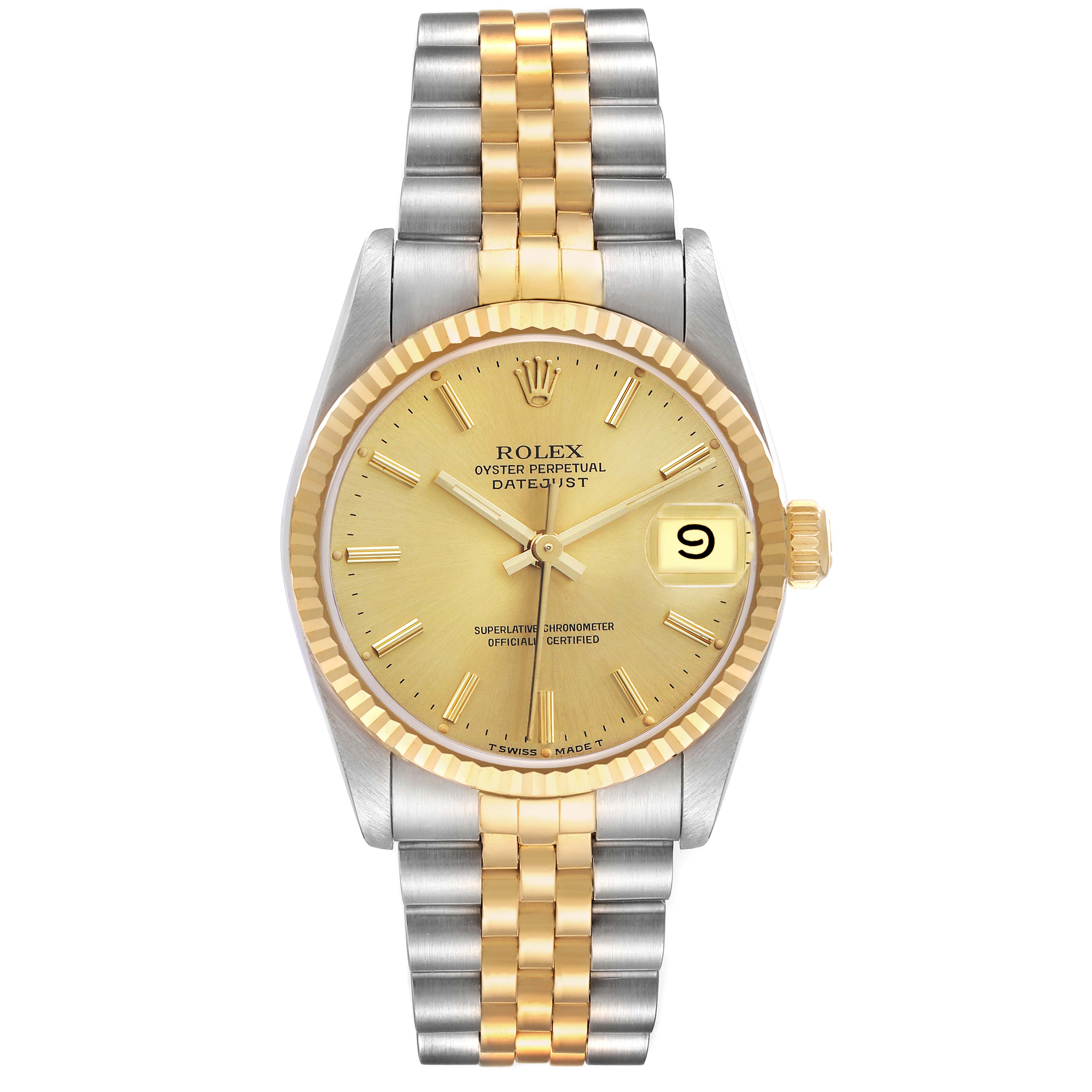 The Rolex Datejust 68273 Women's Steel and Gold (two tone) Champagne Dial watch is shown from a front angle, highlighting its dial, two-tone bracelet, fluted bezel, and cyclops date window.
