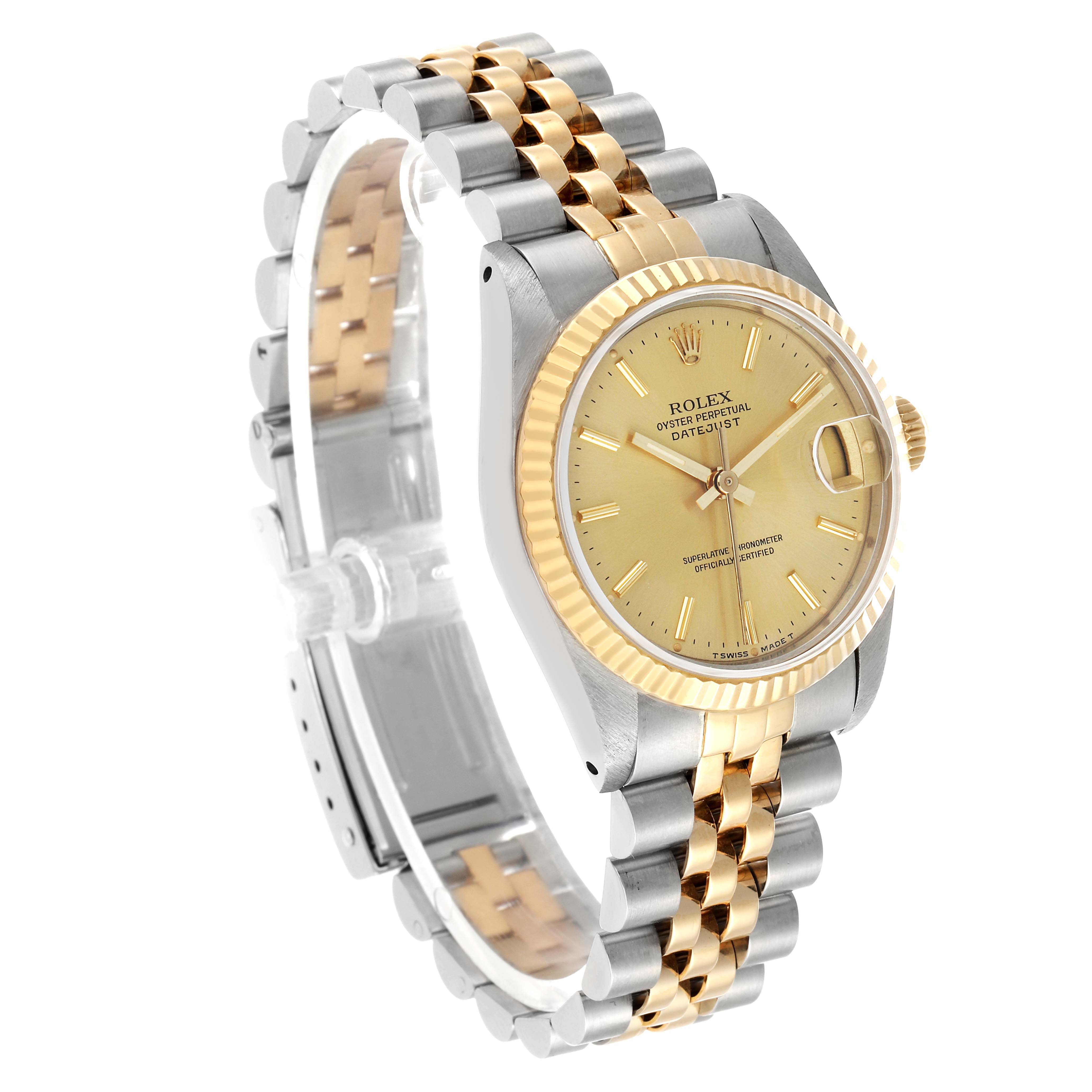 The Rolex Datejust 68273 Women's Steel and Gold (two tone) Champagne Dial is shown at a slight angle highlighting its gold bezel, champagne dial, and two-tone jubilee bracelet.