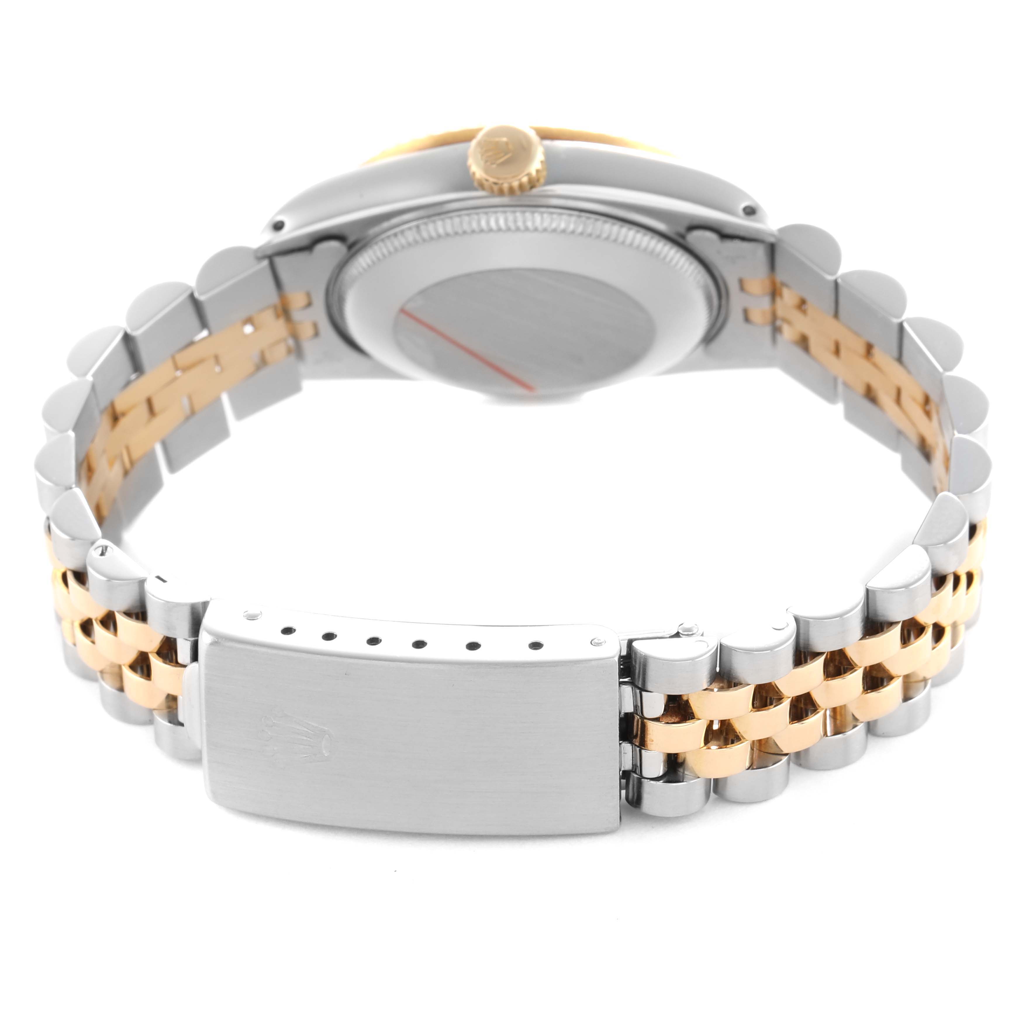 The image shows the back view of a Rolex Datejust 68273 Women's Steel and Gold (two tone) Champagne Dial, focusing on the bracelet and case back.