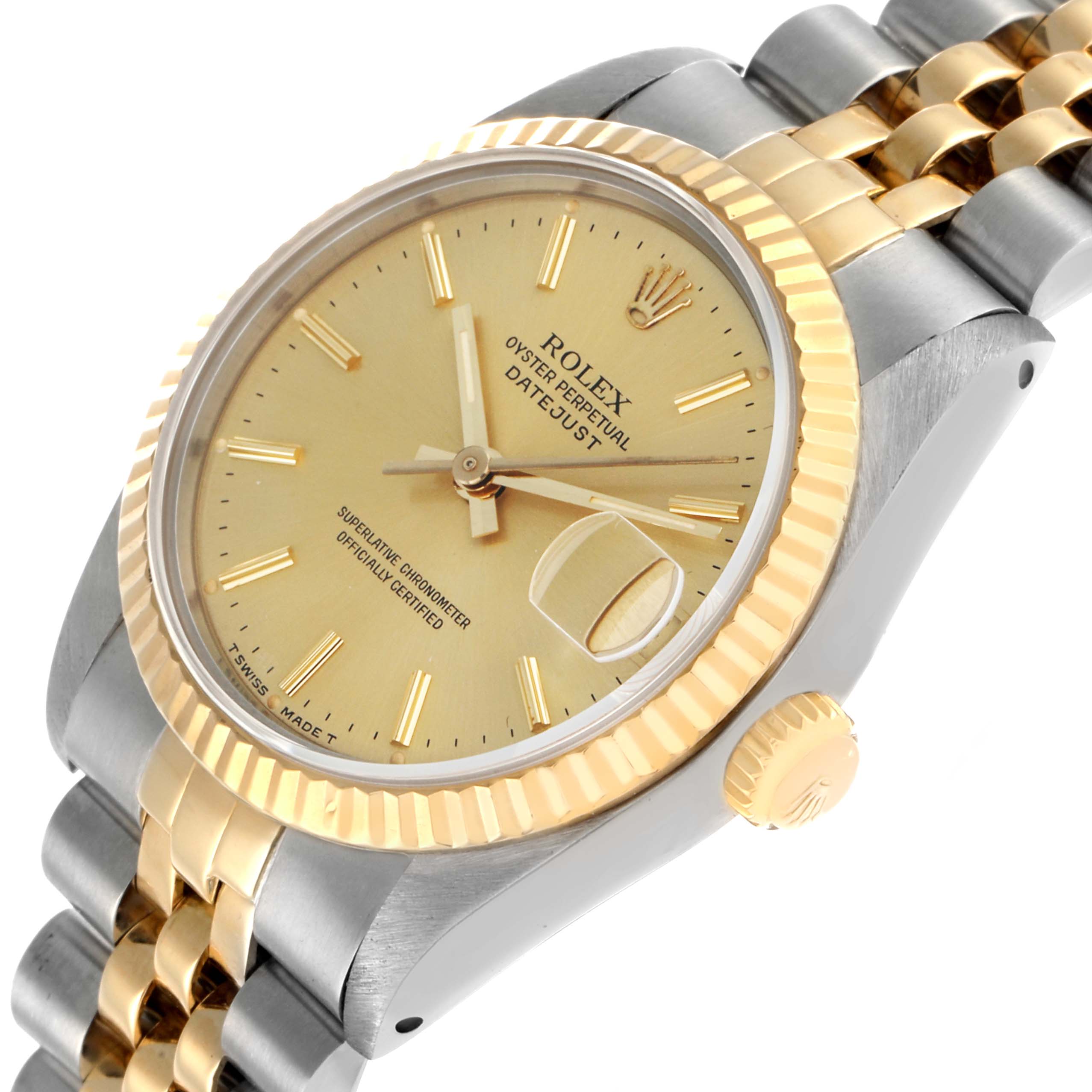 The Rolex Datejust 68273 Women's Steel and Gold (two tone) Champagne Dial watch is shown from a top-side angle, highlighting its two-tone bezel, band, and crown.