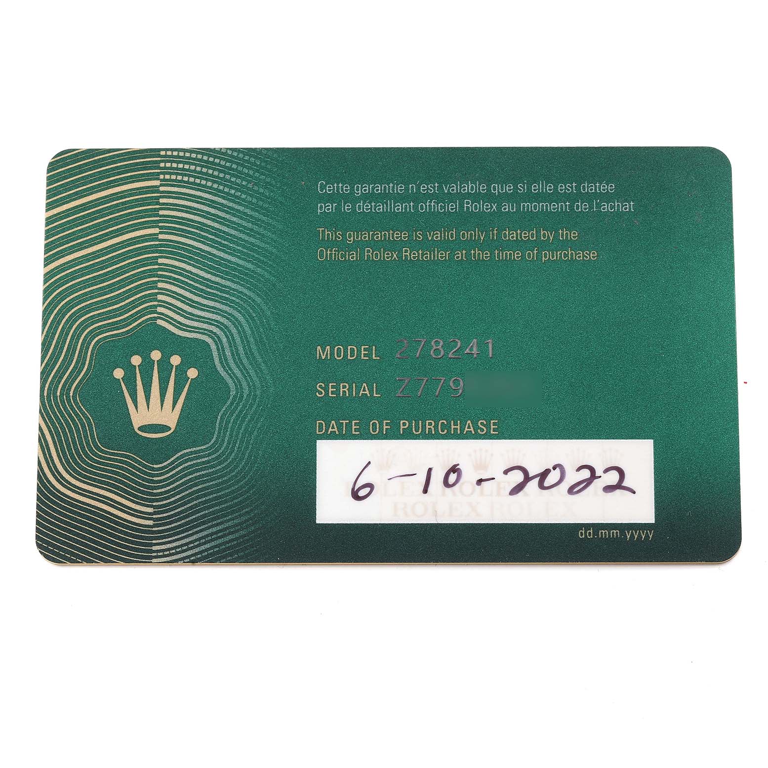 This image shows a warranty card with model and serial numbers of a Rolex Mid-Size 278241 Women's Steel and Gold (two tone) Grey Dial 278241 Women's Steel and Gold (two tone) Grey Dial watch.