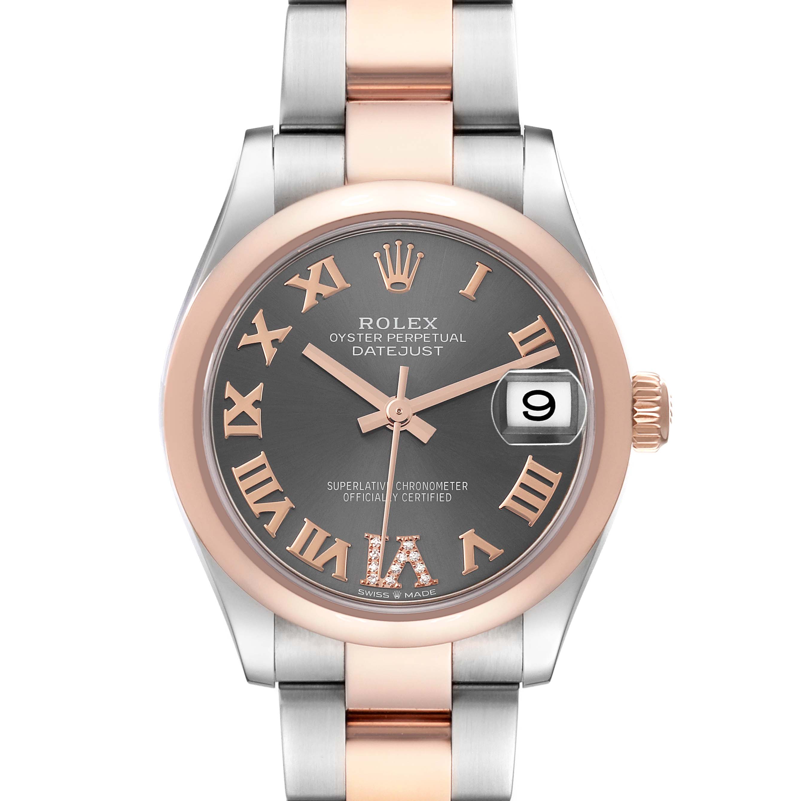 This close-up shows the Rolex Datejust Mid-Size watch face, bezel, crown, and part of the two-tone bracelet.