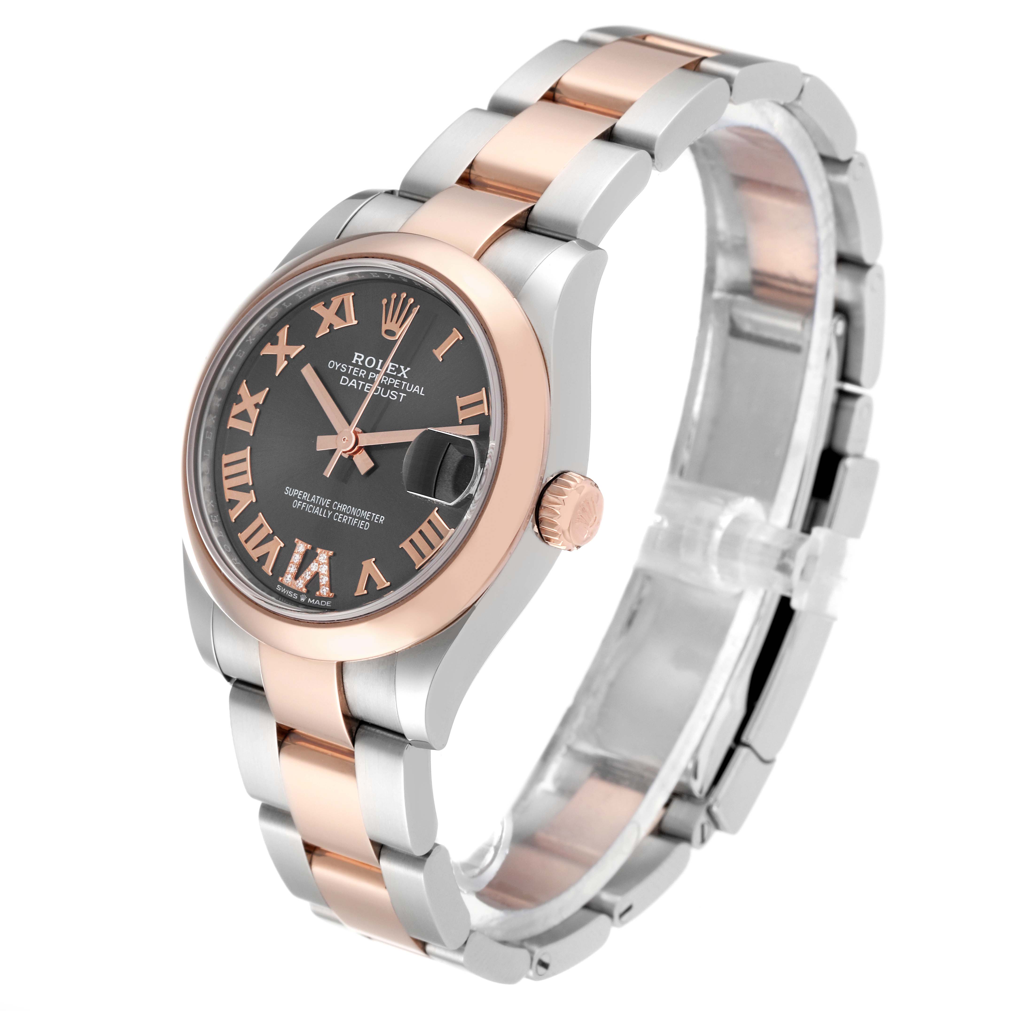 This is a side and front angle view of a Rolex Mid-Size 278241 Women's Steel and Gold (two tone) Grey Dial 278241 Women's Steel and Gold (two tone) Grey Dial Oyster Perpetual Datejust watch.