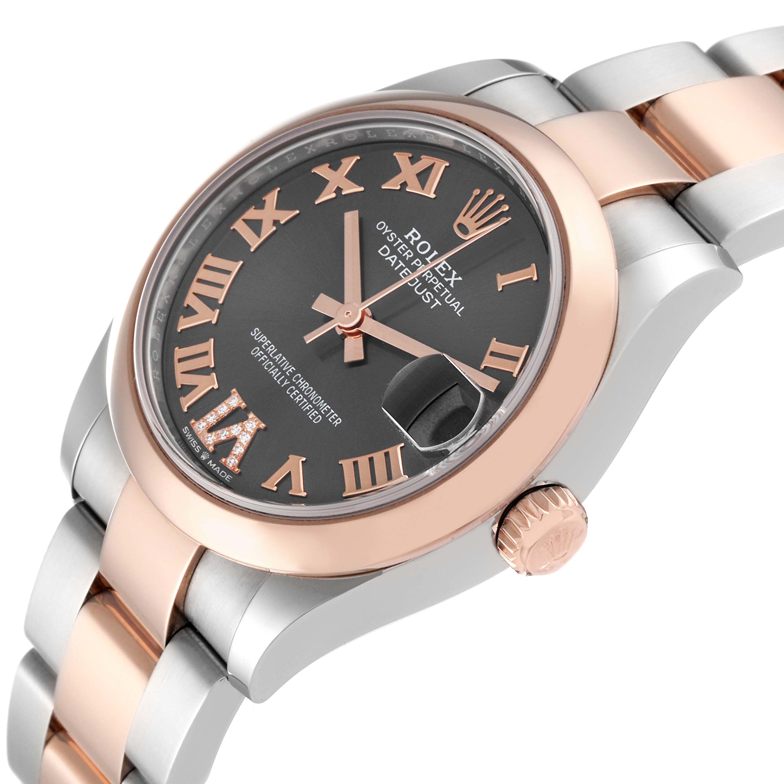 The Rolex Mid-Size 278241 Women's Steel and Gold (two tone) Grey Dial 278241 Women's Steel and Gold (two tone) Grey Dial Oyster Perpetual Datejust watch is shown at a slight angle highlighting the face, crown, and part of the bracelet.