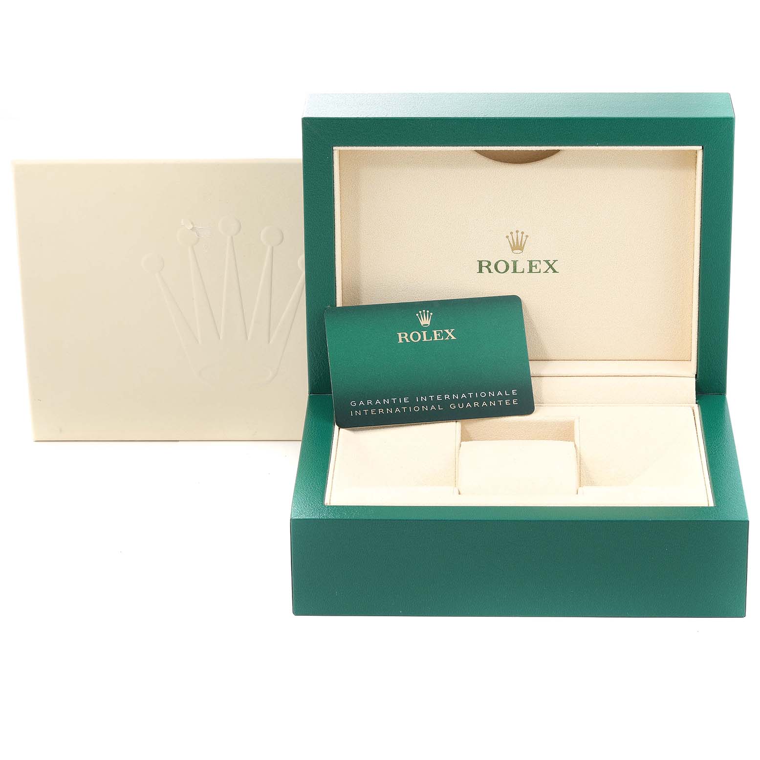 The image shows the packaging of a Rolex Mid-Size 278241 Women's Steel and Gold (two tone) Grey Dial 278241 Women's Steel and Gold (two tone) Grey Dial model watch, including the green Rolex box and the warranty card.